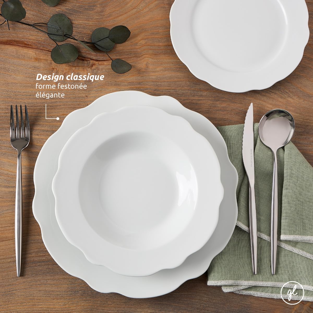 Geneviève Lethu 545865 Vajilla de porcelana blanca para 6 personas (18 piezas, platos hondos), diseño de Viena