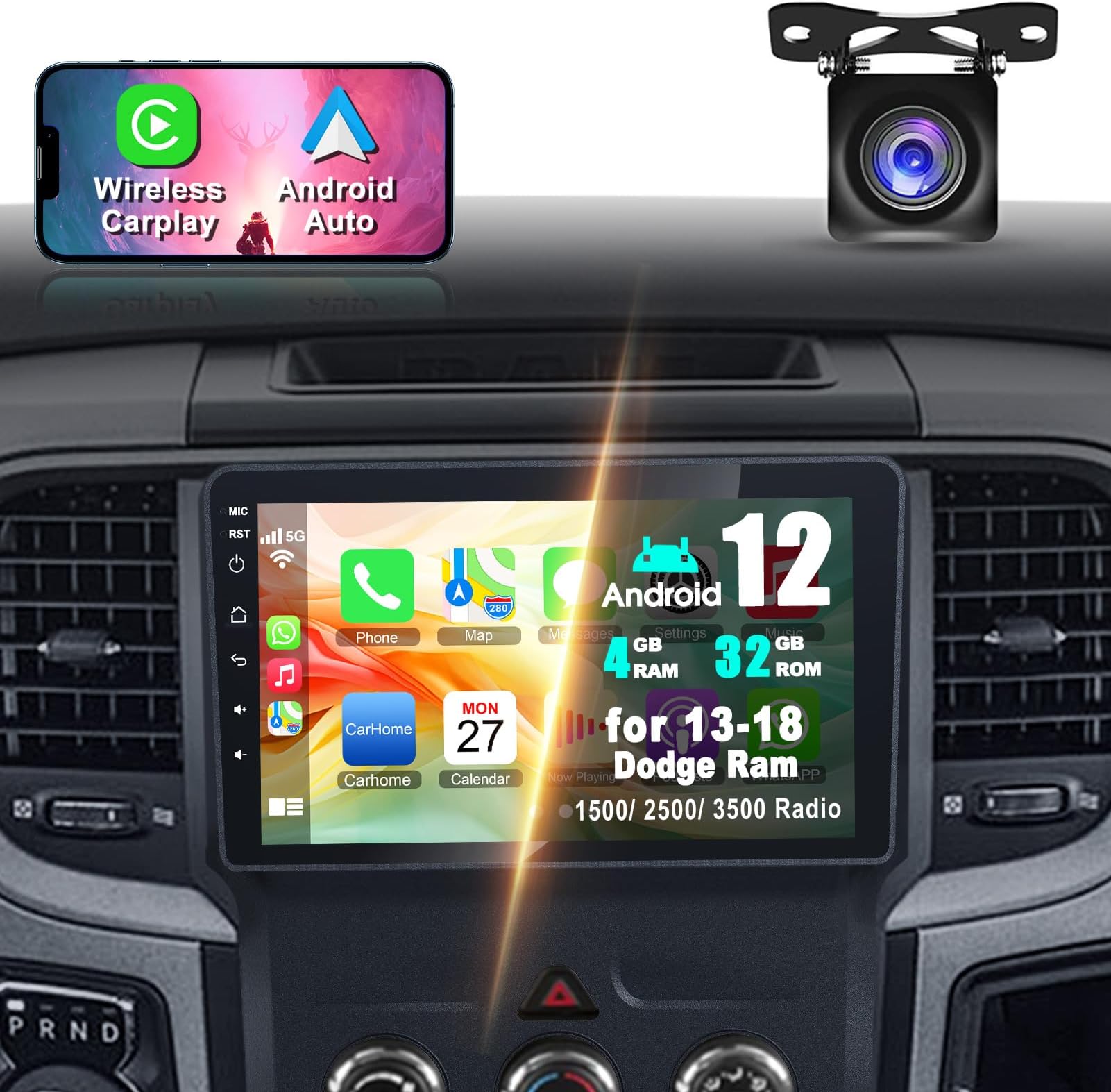 4G+64G Android 13 Car Stereo for Dodge 2013-2018 RAM 1500/2500/3500(Manual & Auto AC), 9 Inch IPS Touch Screen Car Radio with Wireless Carplay&Android Auto,GPS, WiFi, Bluetooth,FM,Rear View, DSP