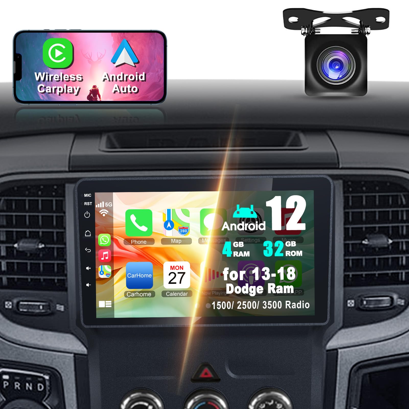 4G+64G Android 13 Car Stereo for Dodge 2013-2018 RAM 1500/2500/3500(Manual & Auto AC), 9 Inch IPS Touch Screen Car Radio with Wireless Carplay&Android Auto,GPS, WiFi, Bluetooth,FM,Rear View, DSP