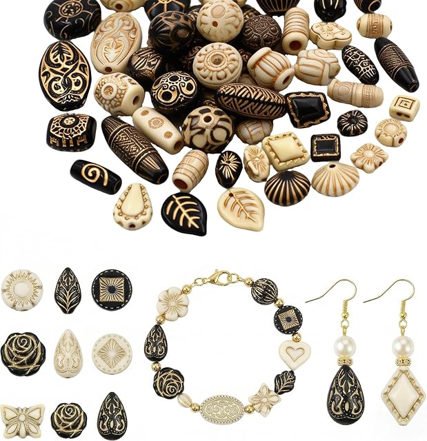120-160Pcs Ce sont des perles aesthésiques Kawaii assorties de mignons 100G Vieilles perles acryliques Bohemian en vrac ronde ovale papillon fleur coeur tchèque de style perles Bijoux faisant métal Enlacé Charm DIY Artisanat (blanc noir)