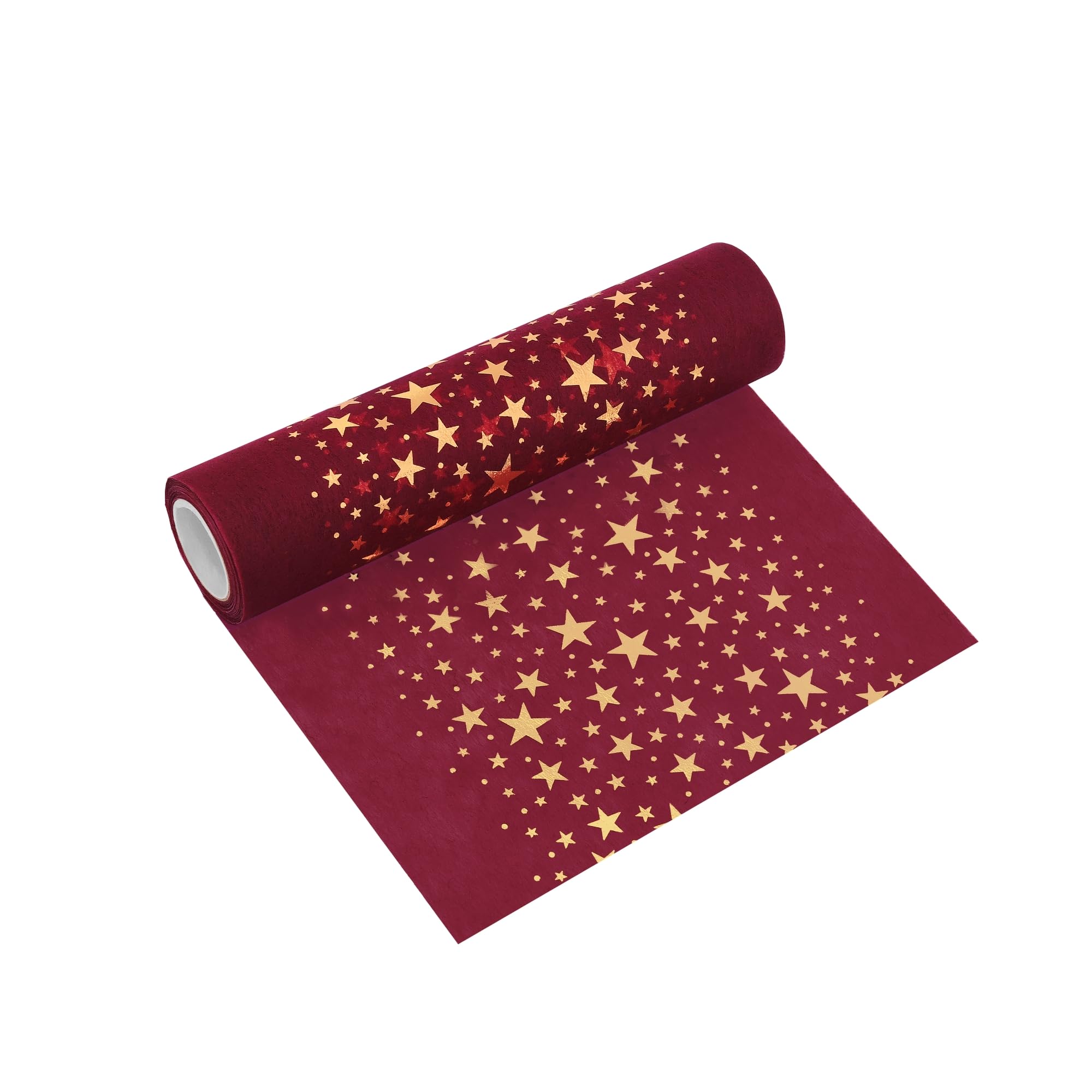 MODERNO Camino de mesa de fieltro rojo vino con estrellas doradas, 5 m de largo, 20 cm de ancho, decoración navideña para mesas festivas y eventos