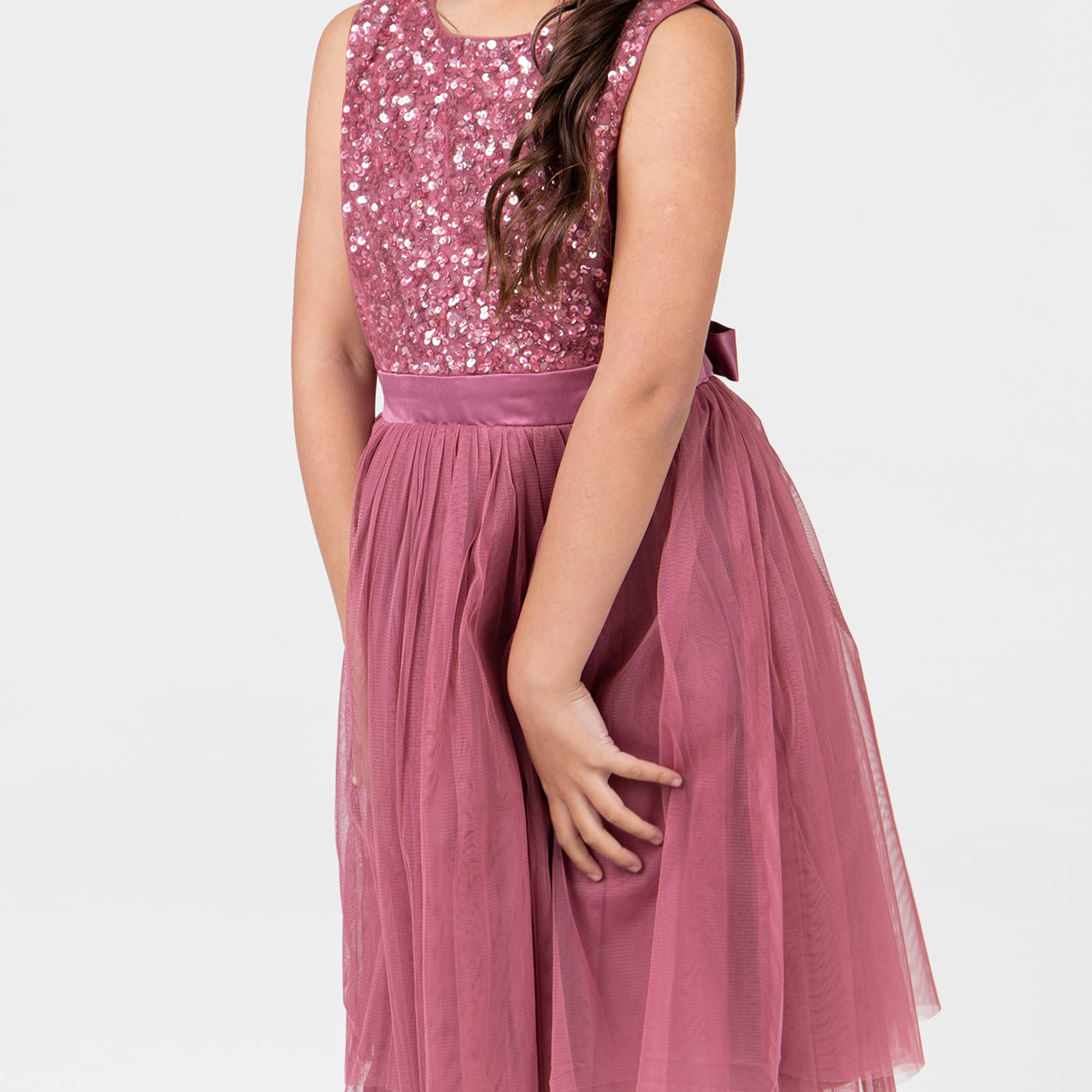Maya Deluxe Vestido Midi para Niñas con Lentejuelas Adornadas para Fiesta, Tutú, Damas de Honor, Boda con Lazo para Cinturón Vestido Niñas