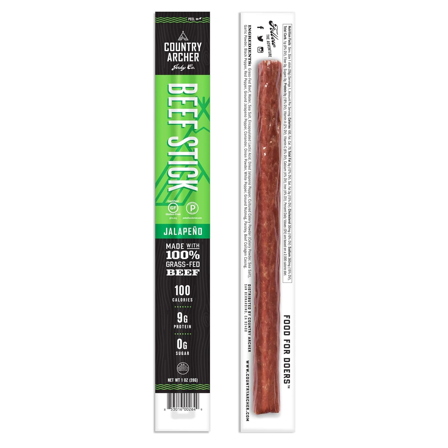 Jalapeno Beef Sticks by Country Archer, 100% Grass-Fed, Certified Keto, Paleo, Gluten Free, 1 Ounce (Pack of 24)