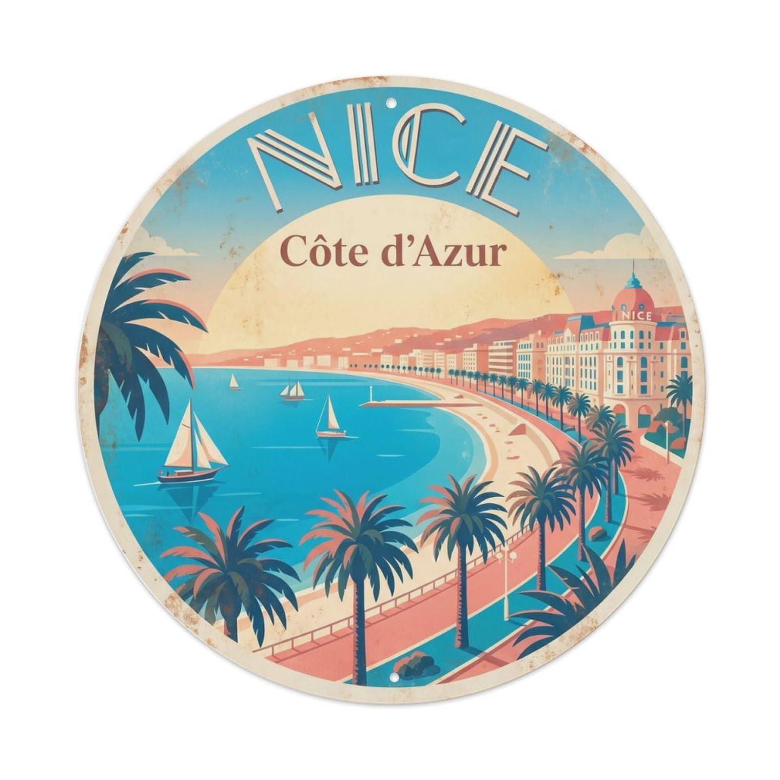 Vintage Travel Nice Promenade Riviera Metal Tin Sign Plaque Wall Decor for Cafe, Club Bar, Office, Home Garden Round Metal Poster 8x8Inch