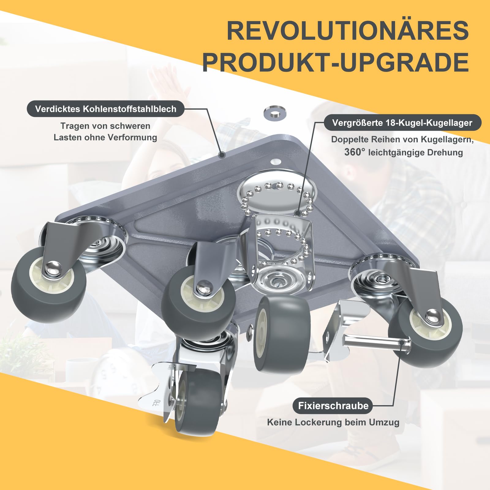 Kit de transport de meubles solide - Avec 4 chariots à panneaux en acier au carbone - Avec 5 roues universelles en caoutchouc - Roulettes pour déplacer les réfrigérateurs, les canapés, etc. - Charge