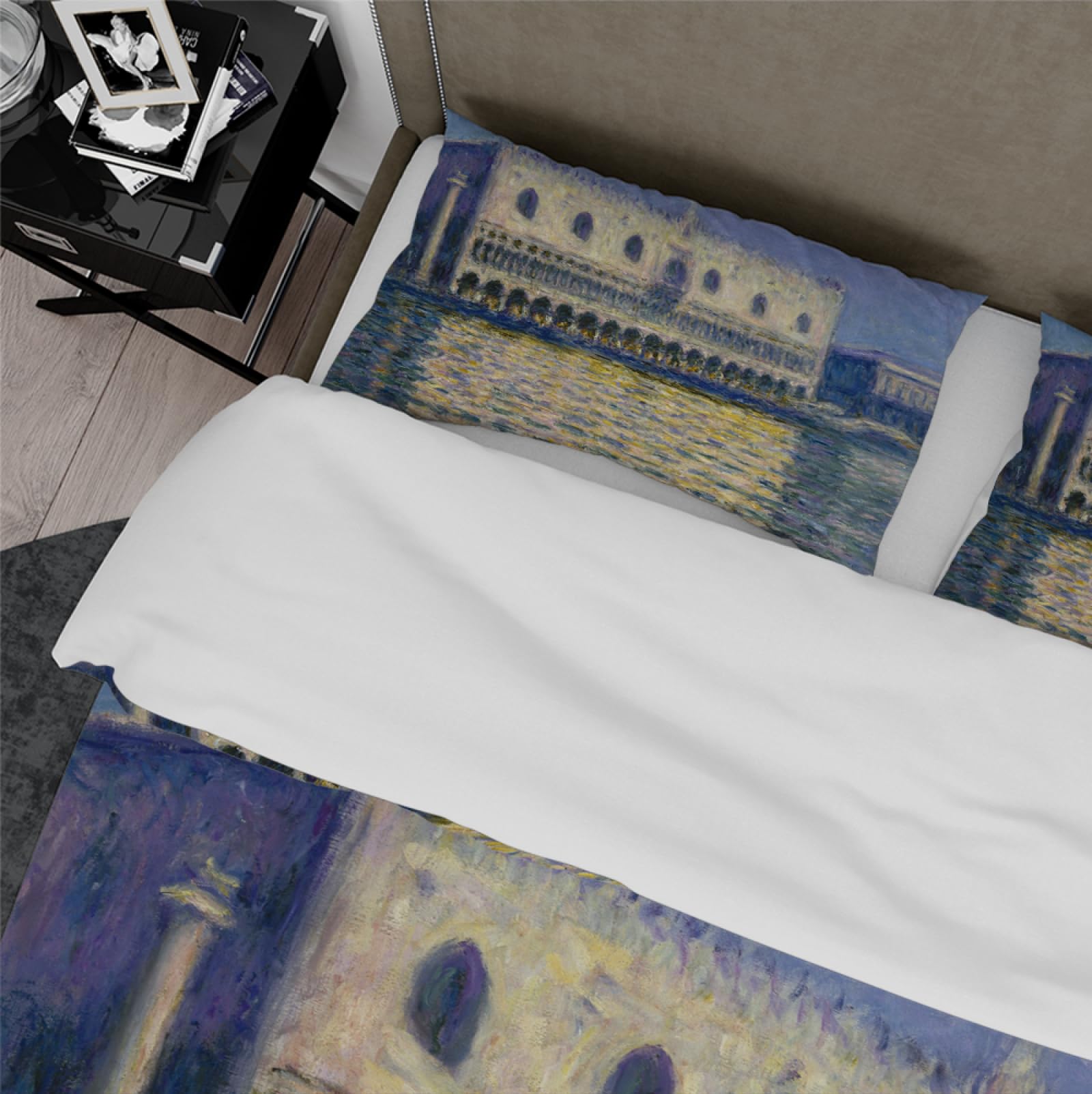 Zestaw pościeli w stylu retro, pałac, Claude Monet, malarstwo, sztuka, 3 sztuki, miękka poszewka na kołdrę z zamkiem błyskawicznym, 2 poszewki na poduszkę 230 x 220 cm