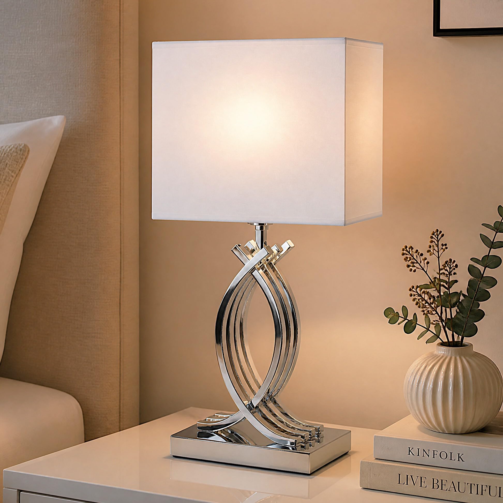 Arnusa Design Tischlampe Chrom Silber Nachttischlampe 50 x 22 cm mit weißen eckigen Schirm Tischleuchte silberfarben E27
