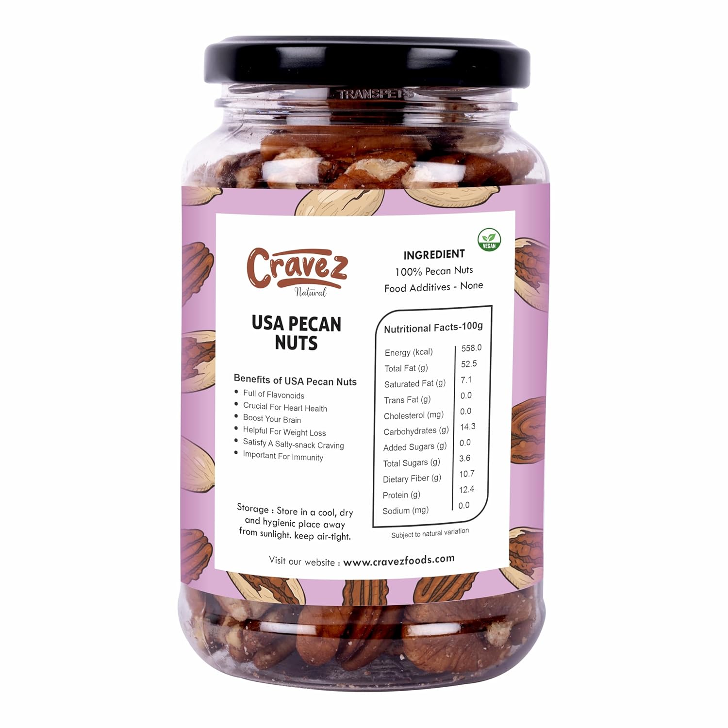 Cravez Natural Usa Pecan Nuts -200 Gm (Grade A ++ Nuts, Premium Size, Imported) - Excellent Source Of Phenolic Antioxidant - Packed In Reusable Premium Jar