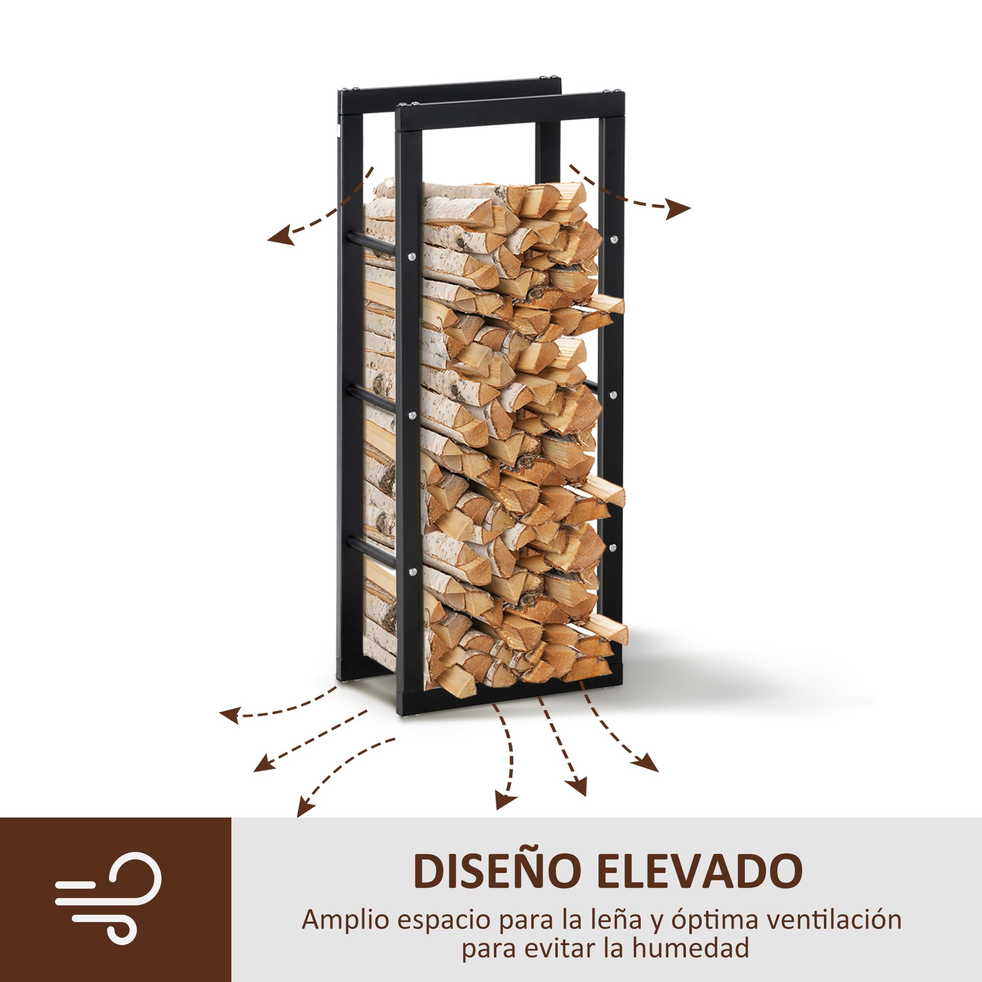HOMCOM Soporte para Leña Estante de Leña Metálico Leñero de Exterior de Metal para Interior y Exterior Carga 100 kg 40x25x100 cm Negro