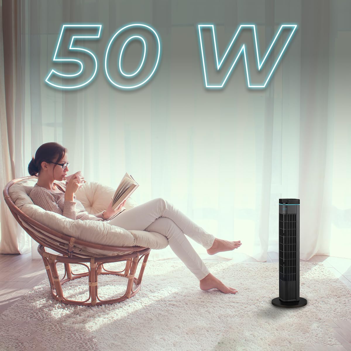 Cecotec Ventilador de Torre EnergySilence 690 Skyline de 29", 50 W de potencia, De pie, 3 Modos y 3 Velocidades, Temporizador 8h, Oscilación 90º.