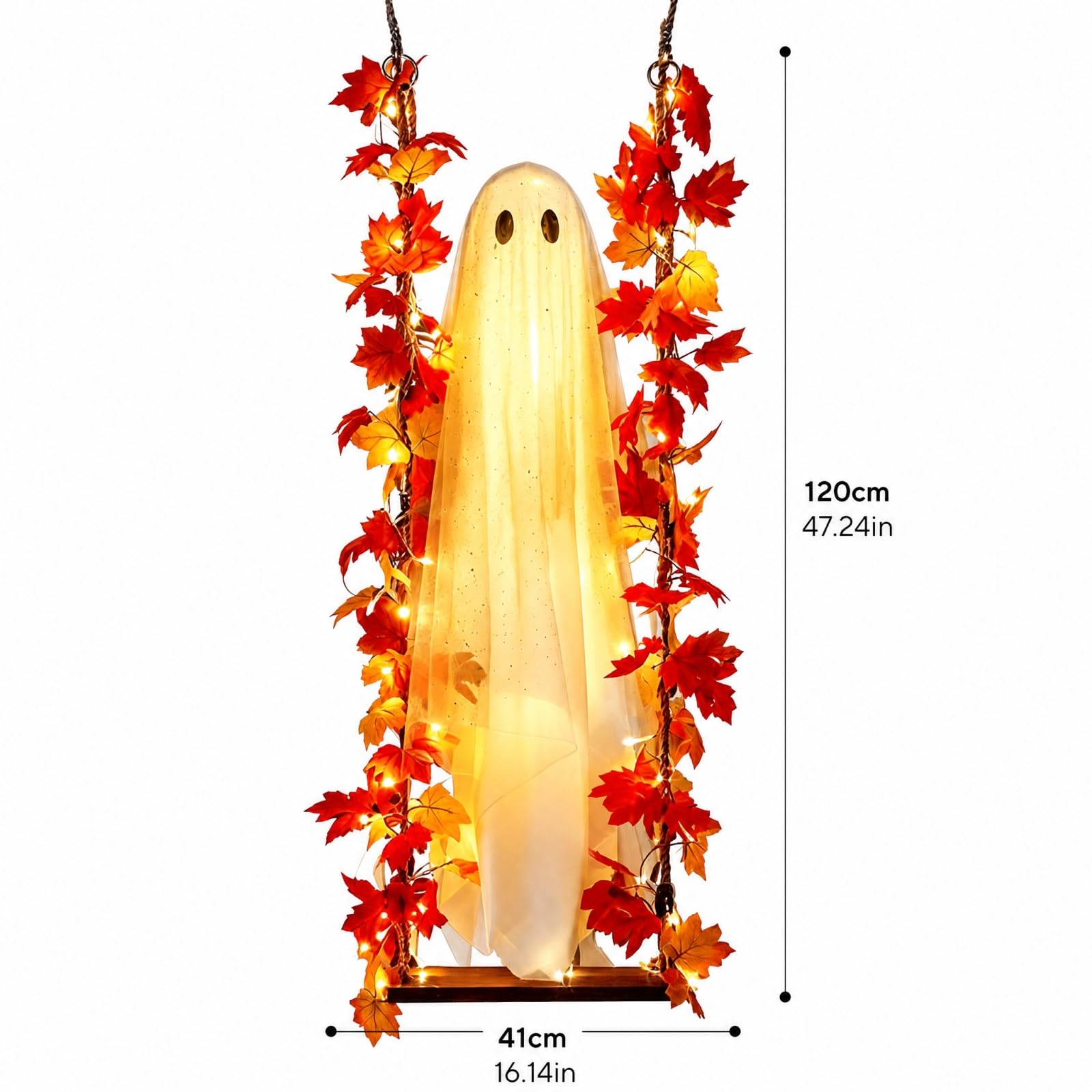 Wiszący duch na Halloween, dekoracja ze światłem LED i huśtawką w kształcie liścia klonu, zdalnie sterowana dioda LED, do użytku wewnątrz i na zewnątrz, na drzewo, werandę, jesienną girlandę