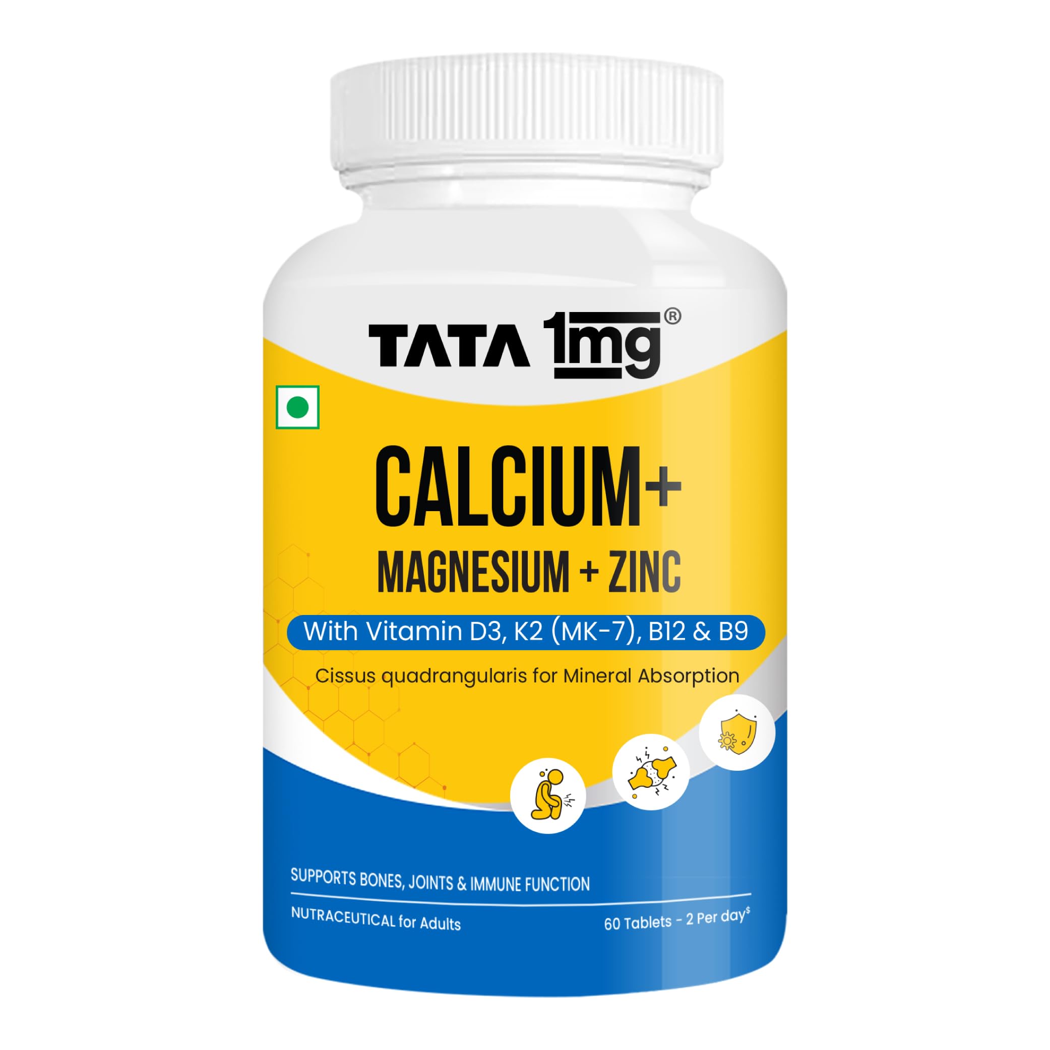 Tata 1mg Calcium Magnesium Zinc Tablets | With Vitamin D3 600 IU, K2-7, B12 & Folic Acid | Hadjod & Black Pepper Extract | Bone & Joint Support Supplement for Adults | 60 Tablets-image-16