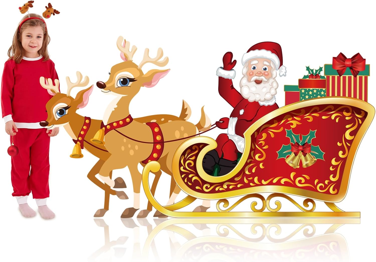 5 Ft Cardboard Santa Sleigh Reindeer Stand Up, Christmas Cardboard Cutout Standup Xmas Santa's Sleigh Cutout Standup for Christmas Party Decoration Supply (Cute)