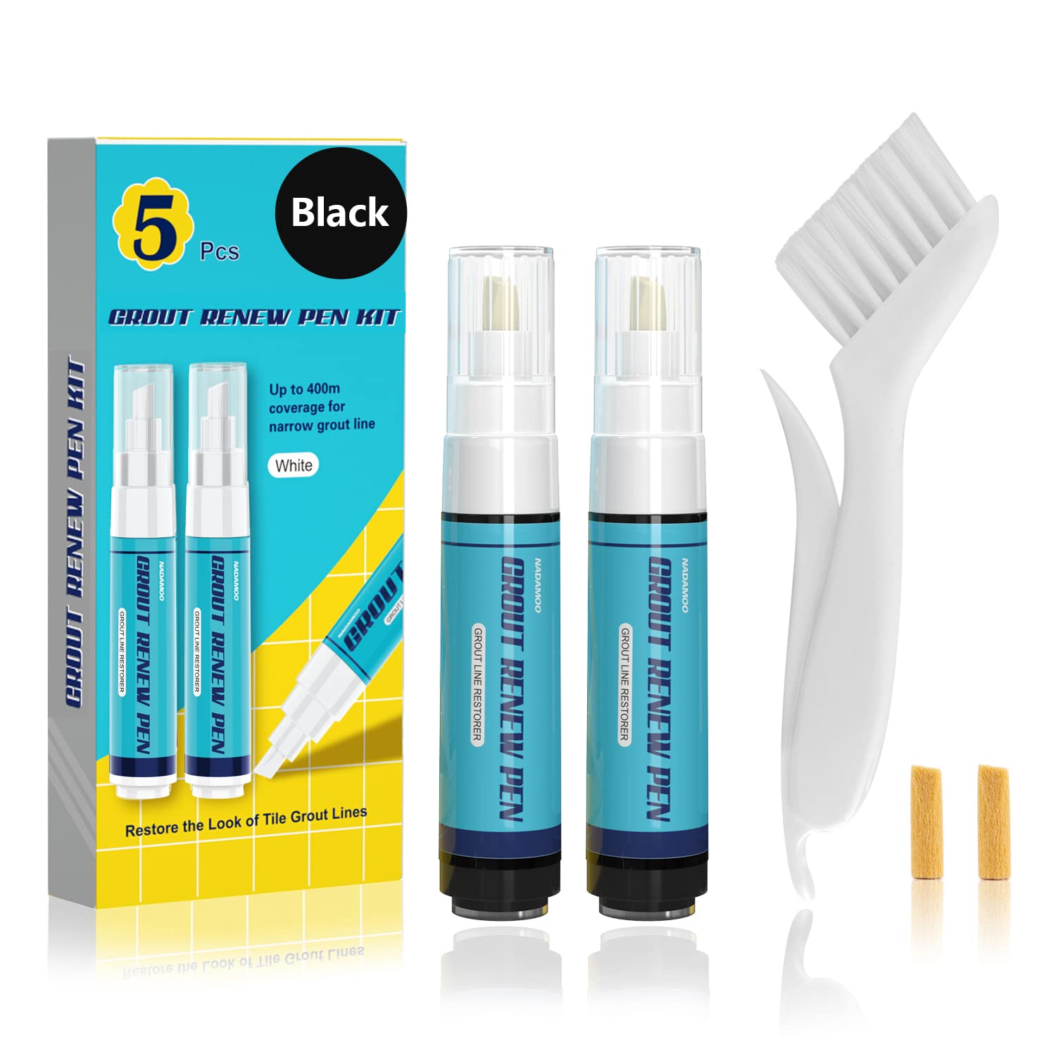 NADAMOO Grout Renew Pen Black, 2 Large Size 20ml Tile Grout Paint Pen, Grout Shine Touch Up Repair Marker Tile Gap Coating- Restore Grout Line, with 2 Replacement Nibs and 1 Cleaning Brush
