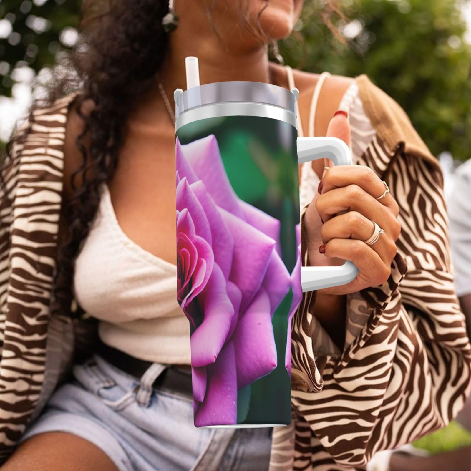 Trinkflasche mit Henkel und Strohhalm-Deckel, doppelwandig, Edelstahl, 1,2 l, Violett