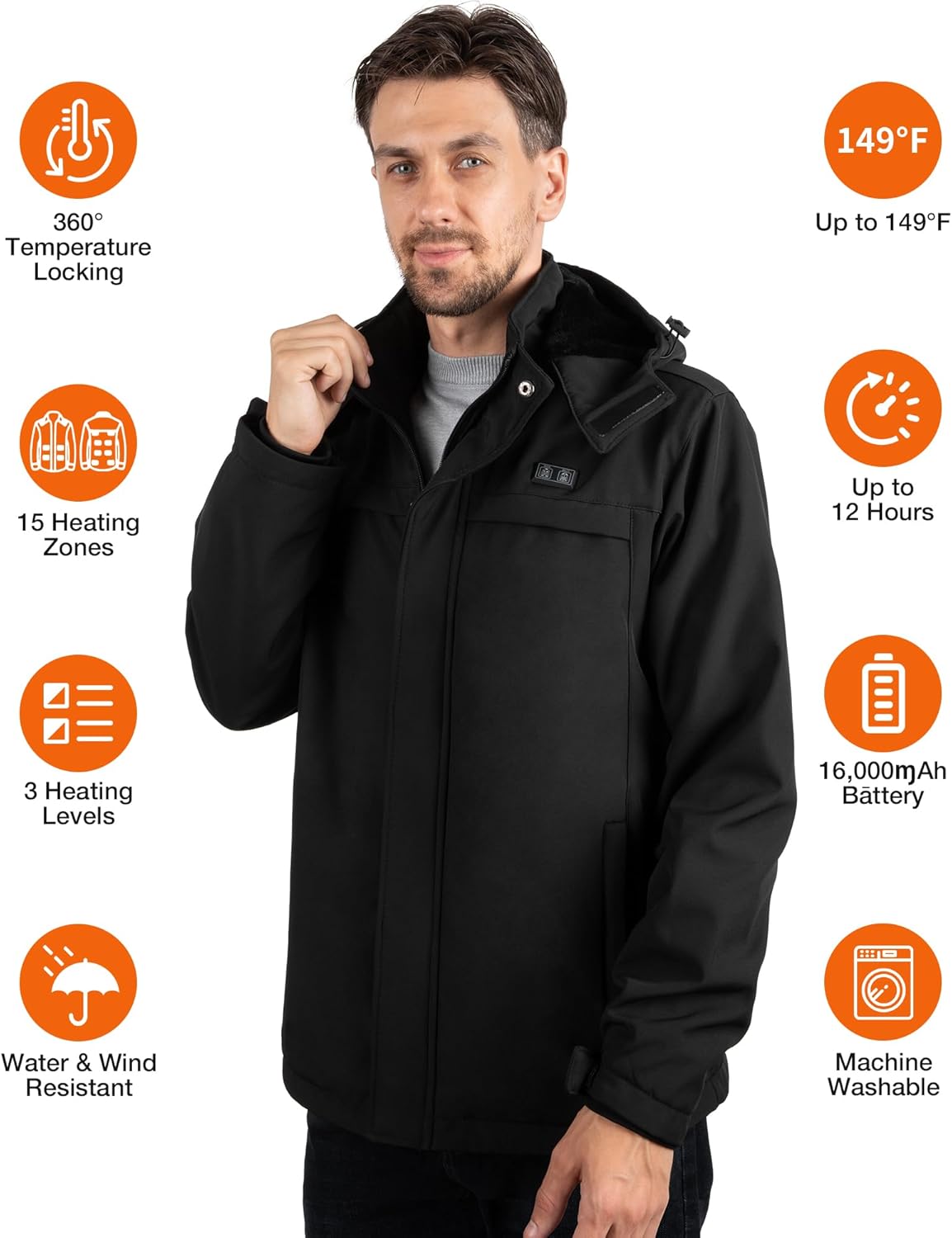 Heated Jackets for Men, Windproof Waterproof Winter Heating Coat, Mens Soft Shell Heated Jacket, Detachable Hood - Image 2