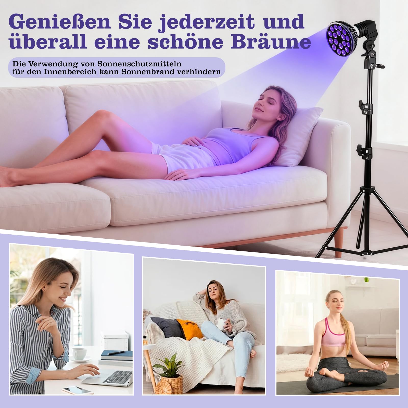 Lampe de bronzage portable pour bronzage du visage à la maison lumière du jour pour le visage et le corps pour la maison avec support réglable et crochets de suspension (Violet)
