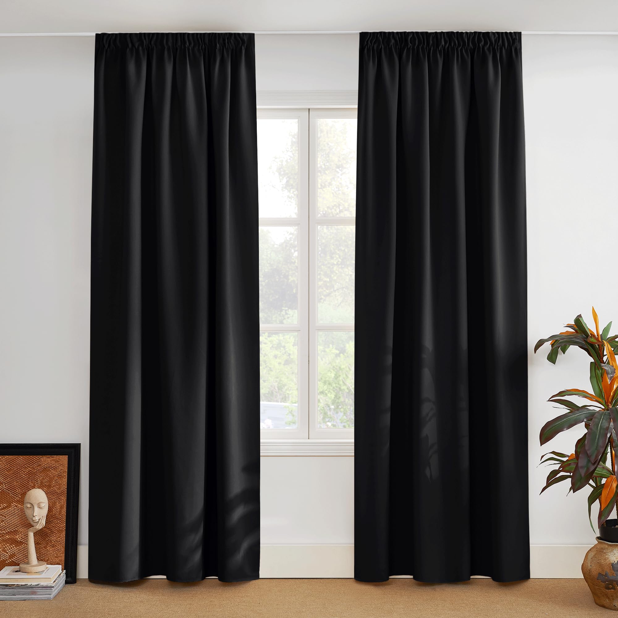 PONY DANCE Large Window Blackout Curtains - Pencil Pleat Thermal Light Block Curtain Drapes for Living Room Halloween Decoration Energy Saving Window Treatments, 2 Panels, W66 X L90, Black