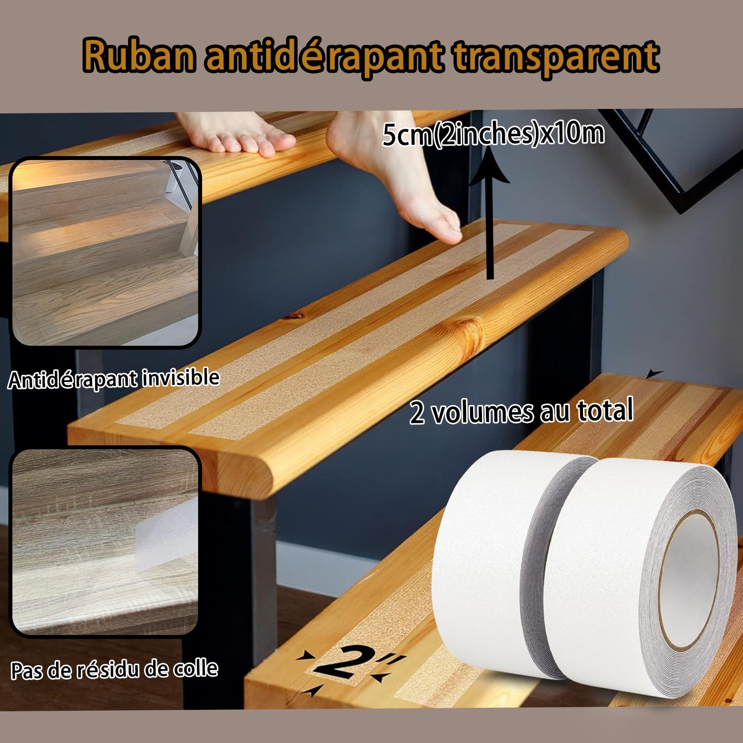 CHUANGSEED Lot de 2 Transparent Ruban adhésif antidérapant escalier,5cmx10m,Bandes Antidérapantes pour Bois escaliers et Salle de Bain,Clear Antiderapant Autocollant pour Marche escalier Interieur