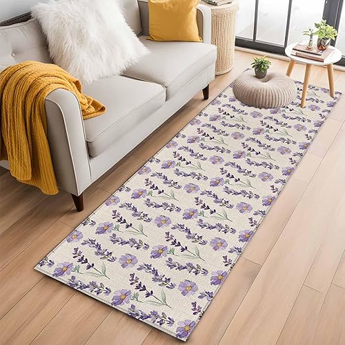 Miniatura 14 de Round Rugs 8ft, Lavender Floral Non-Slip Area Rugs for Living Room Bedroom Entryway, Summer Pastoral Watercolor Retro Flowers Washable Carpet Runner
