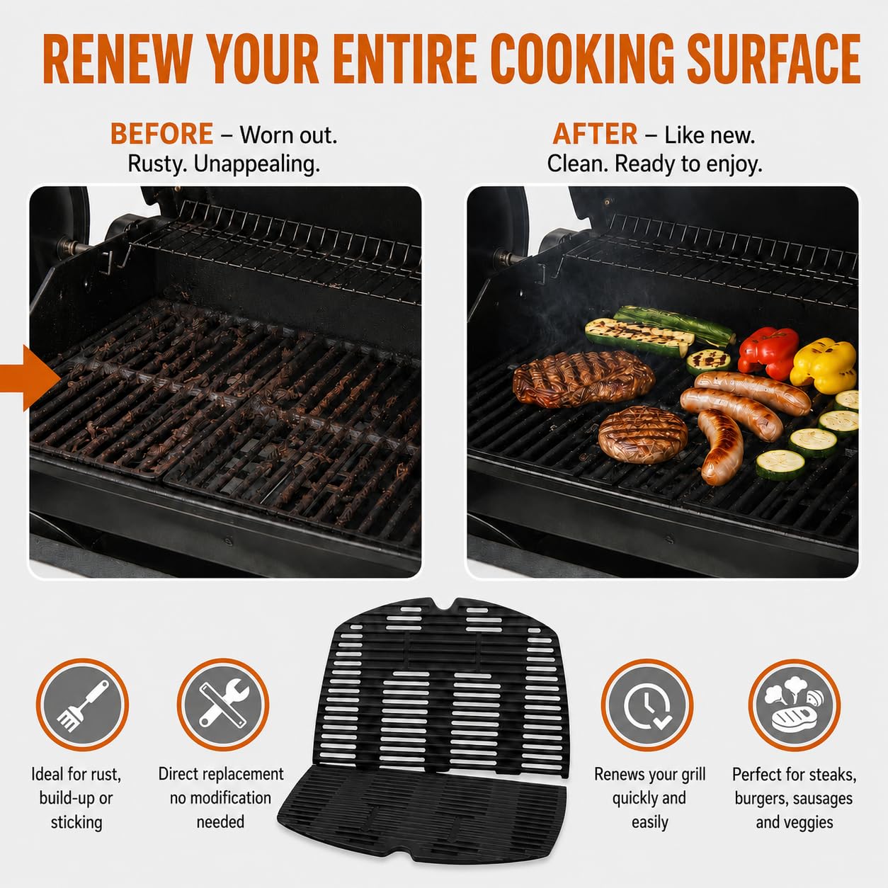 Uniflasy - Kit de reparación de tubos de quemador de parrilla de acero inoxidable y rejilla de hierro fundido para parrilla de cocción, accesorios de repuesto