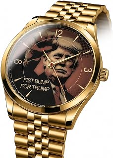 Cult Presidential Art, the Donald Trump Fist Bump, Solid Brass 44 mm Watch with Stainless Steel Bracelet & Custom-Engraved Back