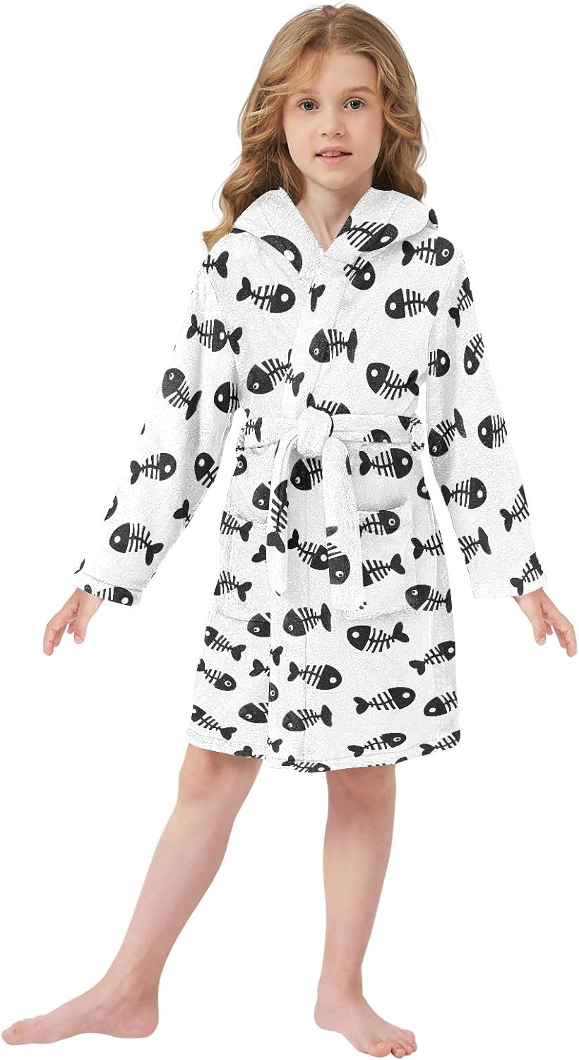 Cartoon Fish Bone Toddler Hooded Bathrobe for Boys Girls Soft Plush Bath Towel Robe 2-12 Years