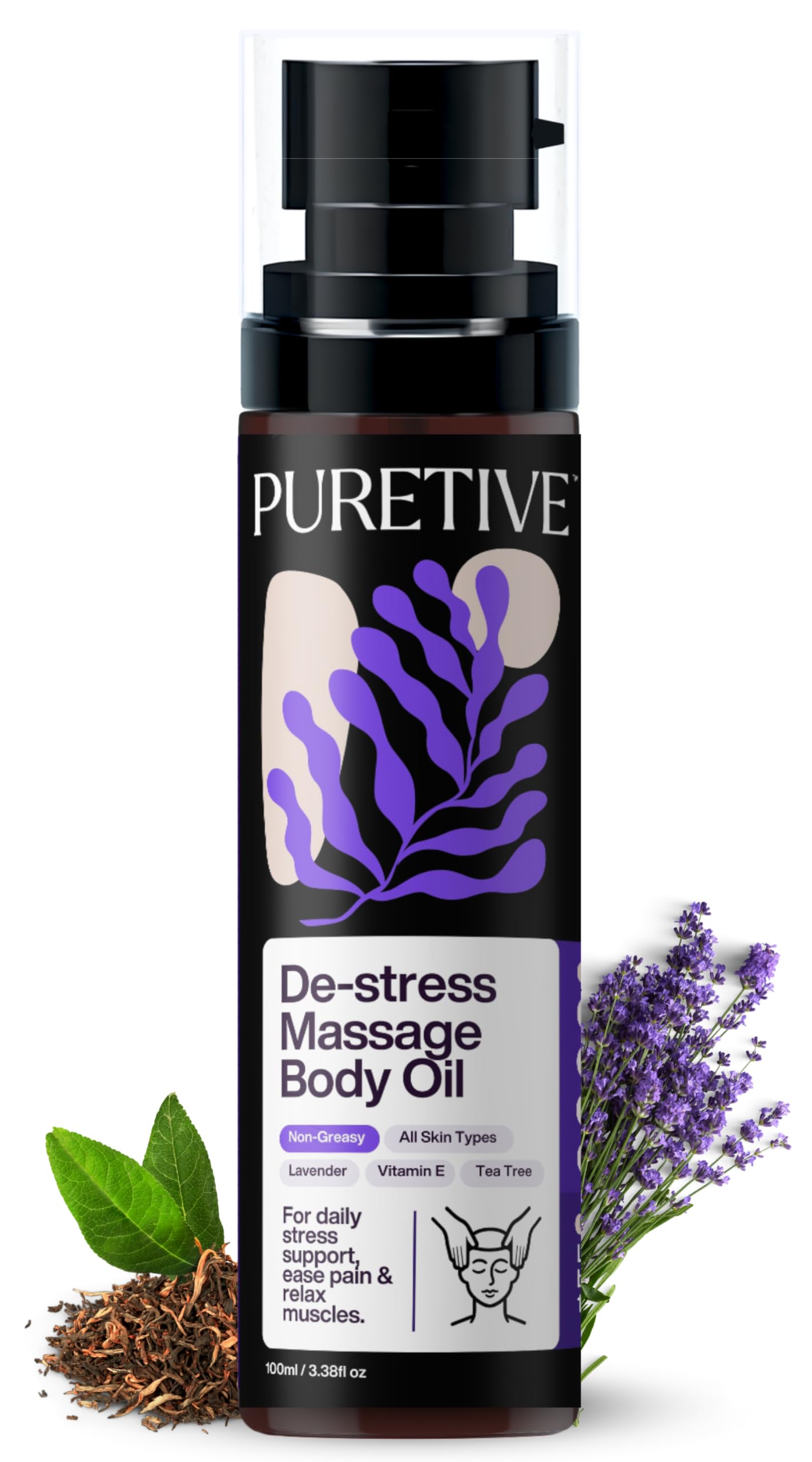 Puretive De Stress Massage Oil | Relieves Physical Tension | Deeply Relaxes | Hydrates | Stress Relief Massage Oil | Also for Couples I Deeply Nourishes & Calms the Body and Mind with a Blend of Pure Essential Oils | 100ML