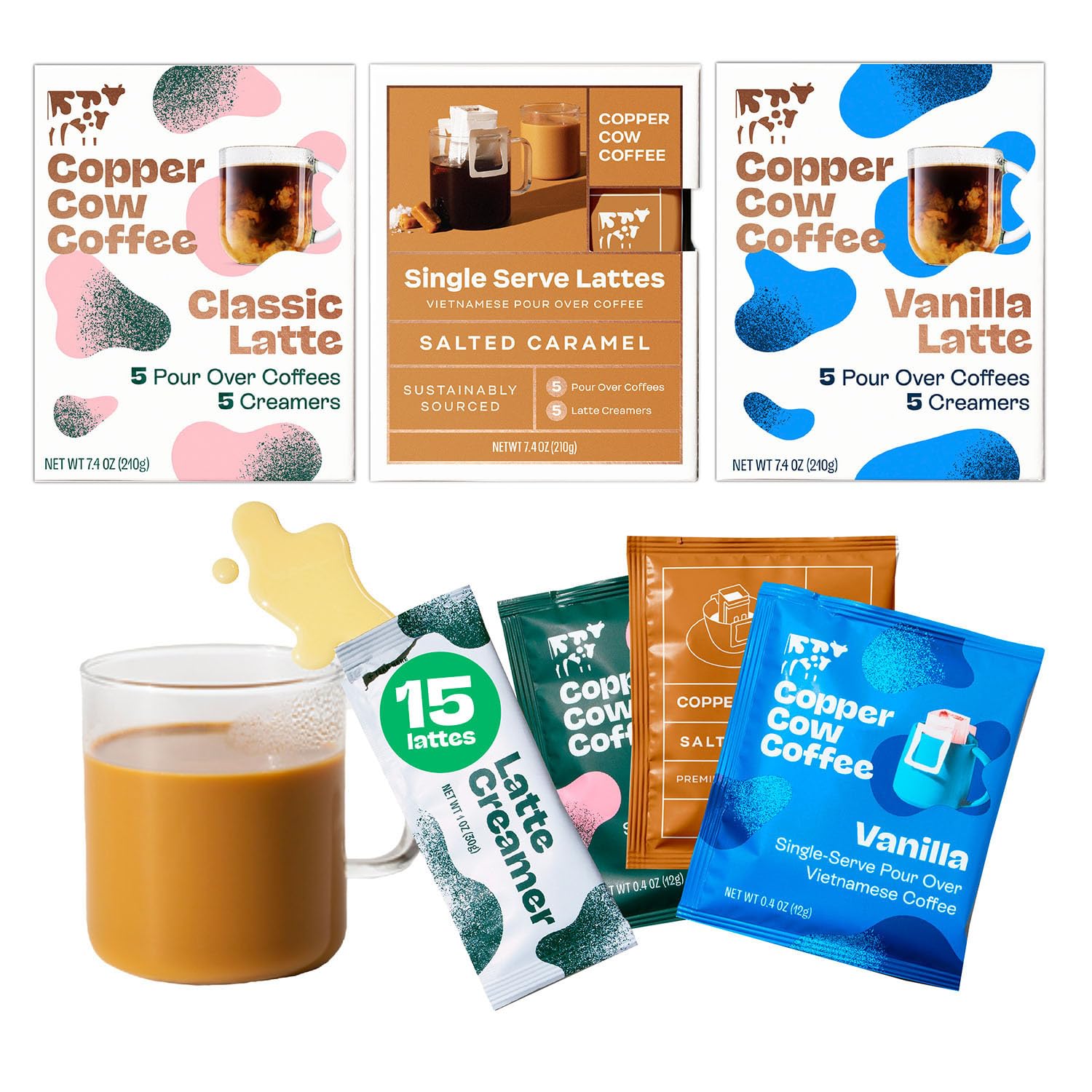 Copper Cow Premium Vietnamese Coffee Variety Pack (15 Coffees & 15 Creamers)| Classic Black, Vanilla, & Salted Caramel Latte | Pour Over Single-Serve Lattes, No Refrigeration Needed, Travel Friendly