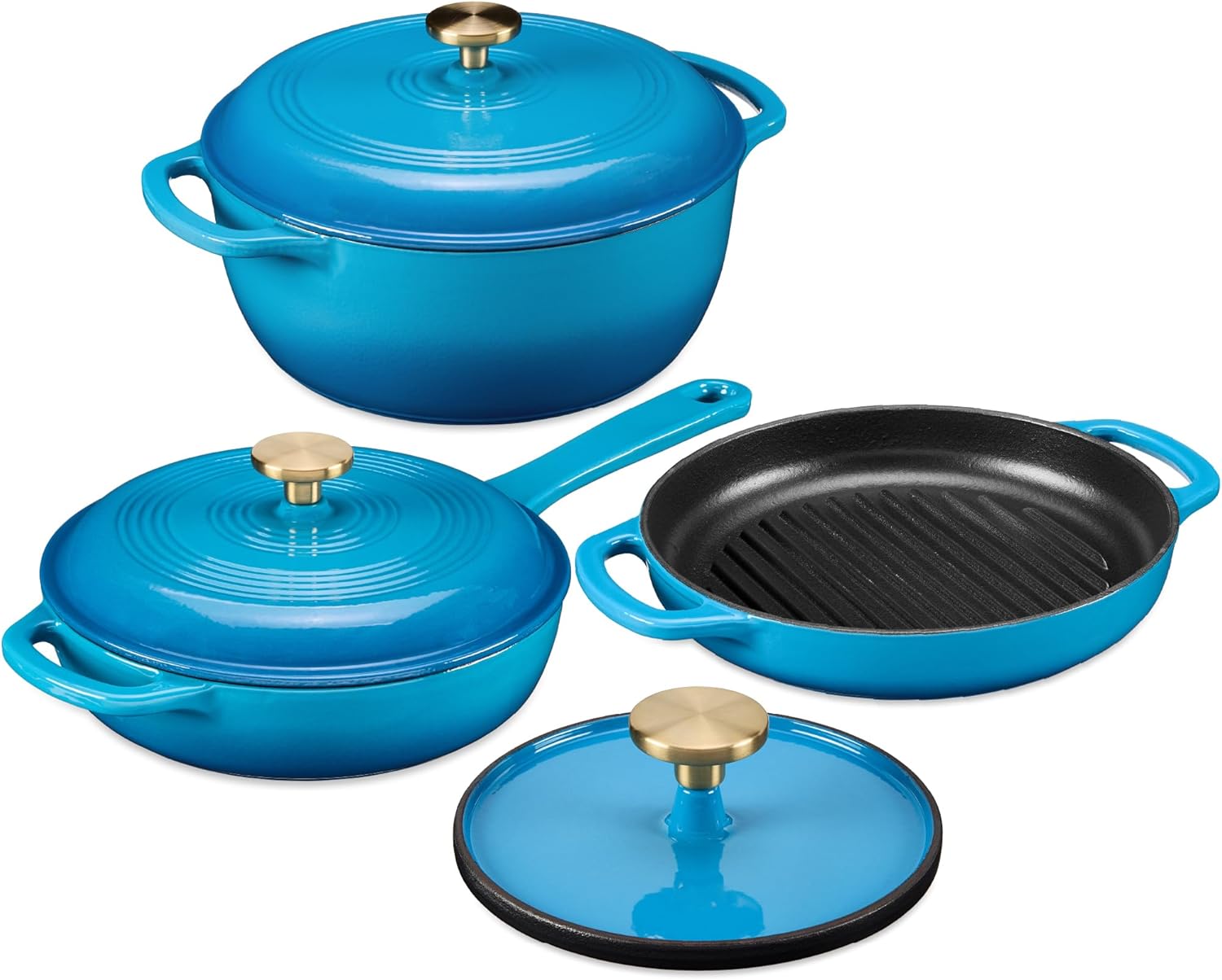 Best Choice Products Non-Stick Pot & Pan Cookware Set, Cast Iron, 2Qt Skillet W/Lid, 10" Grill Or Griddle Pan W/Press, 6Qt Enameled Dutch Oven, Non-toxic, For Cooking & Grilling - Blue
