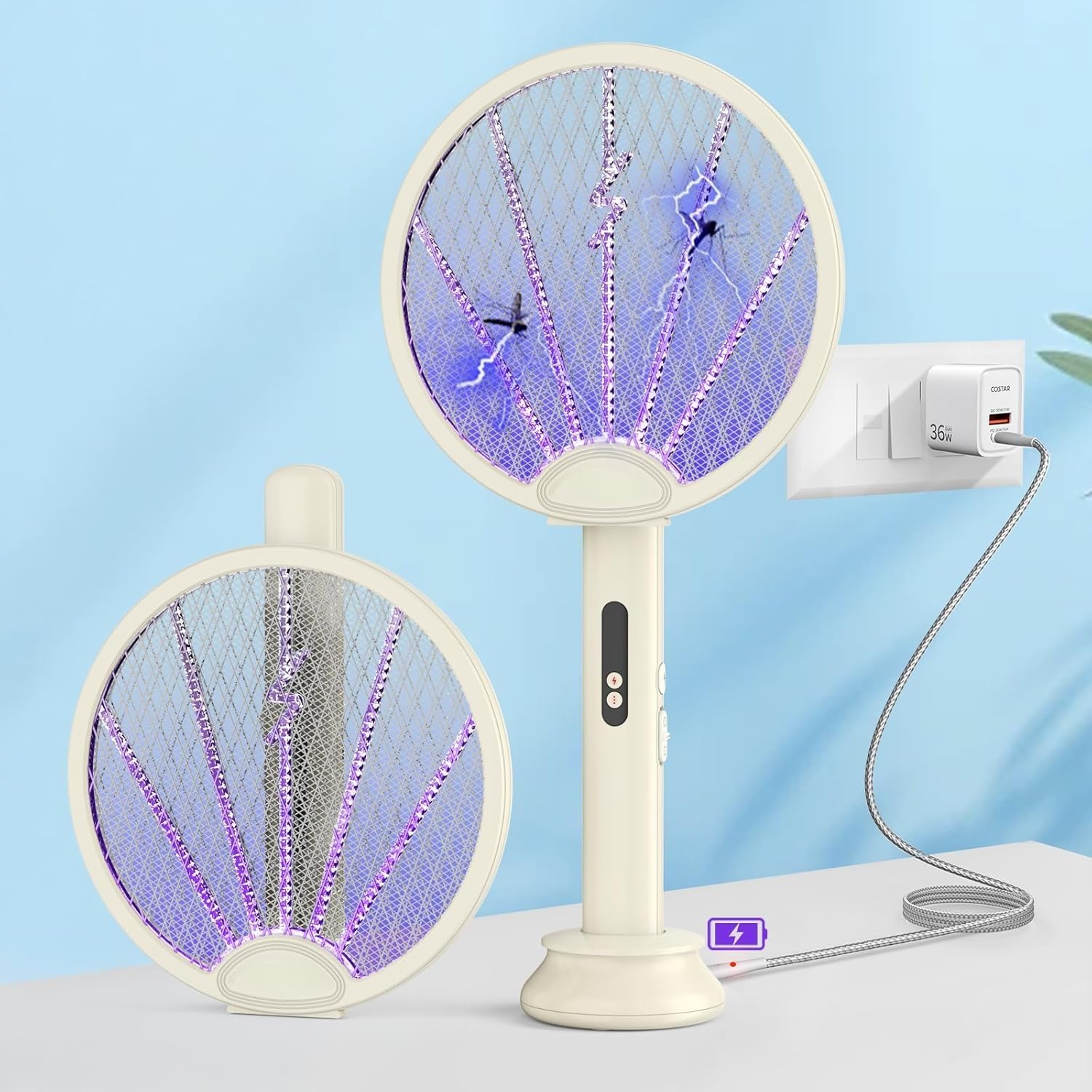 Electric Bug Zapper Foldable Racket, White, Dual Layer Mesh Grid, USB Rechargeable, LED Display, Indoor Outdoor Fly Swatter-image-31