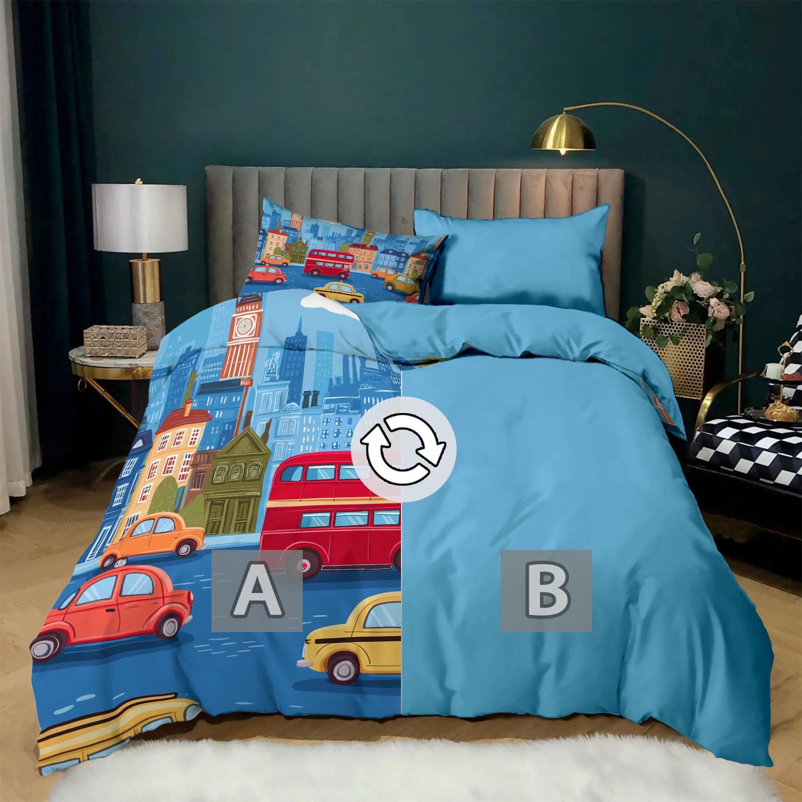 Funda Nórdica Dibujos Animados Paisaje Urbano Autobús Dos Pisos Azul Claro 150 x 220 cm Ropa de Cama 3 Piezas, Juego de Funda Edredón para Cama 90, para Habitación Infantil De Chicos Y Adolescentes