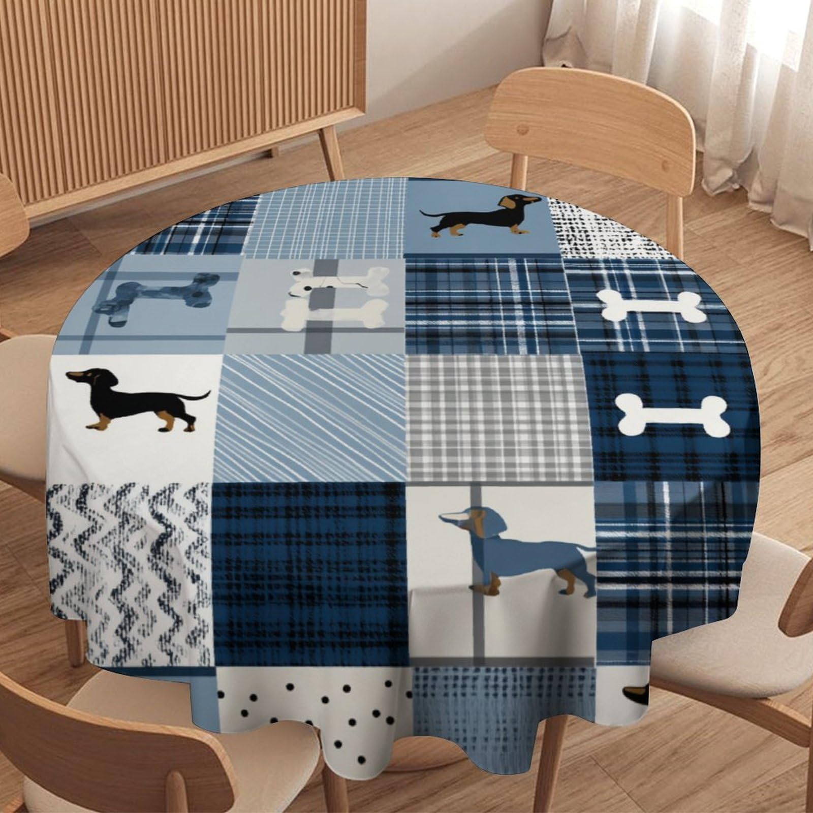 LUYYSKY Cute Anime Dog Silhouette Round Tablecloth Beautiful Retro Patchwork Art Animals Dog Puppies Pattern Washable Decor for Table Cover for Kitchen-127 Wx127 L cm