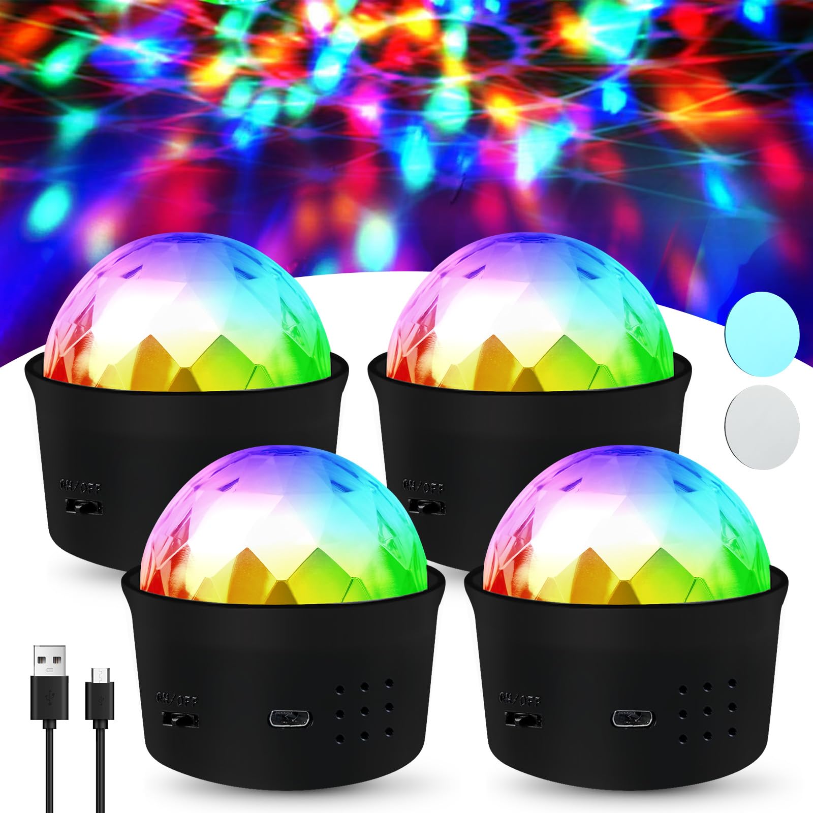 BORDEAG Lámpara de Fiesta LED: 4 Piezas Efectos Luminosos Dinámicos RGB, Control Musical, Rotación 360°, con Control Remoto, para Fiestas, Disco, Cumpleaños Niños (55 * 53 * 53mm, Negro)