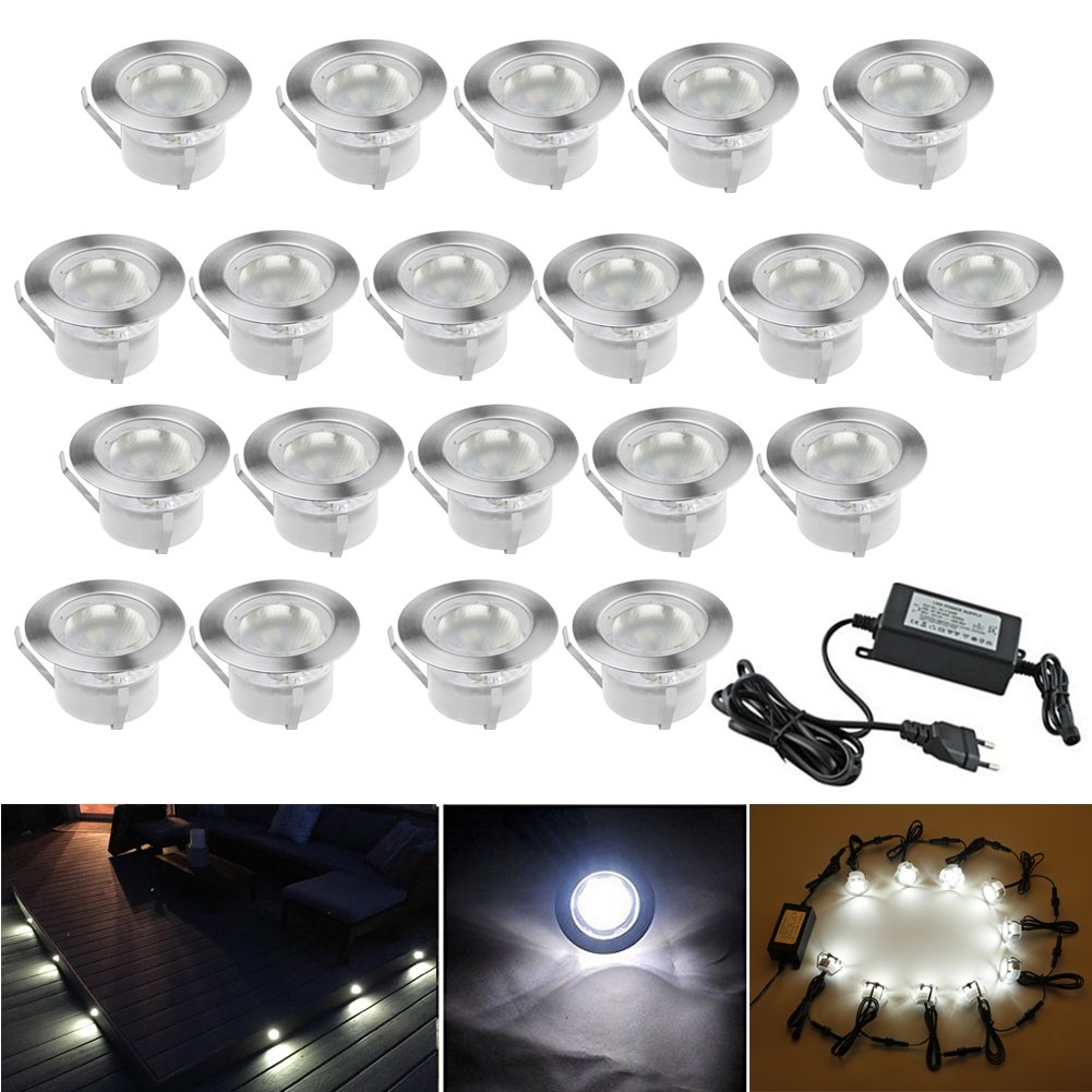 20 Spot LED Eclairage Extérieur Encastrable Sol Terrasse Bois,45mm Spots Encastré Extérieur Fait en IP67 DC12V 1W Avec Alimentation EU Pour Jardin Escalier Patio Blanc Froid