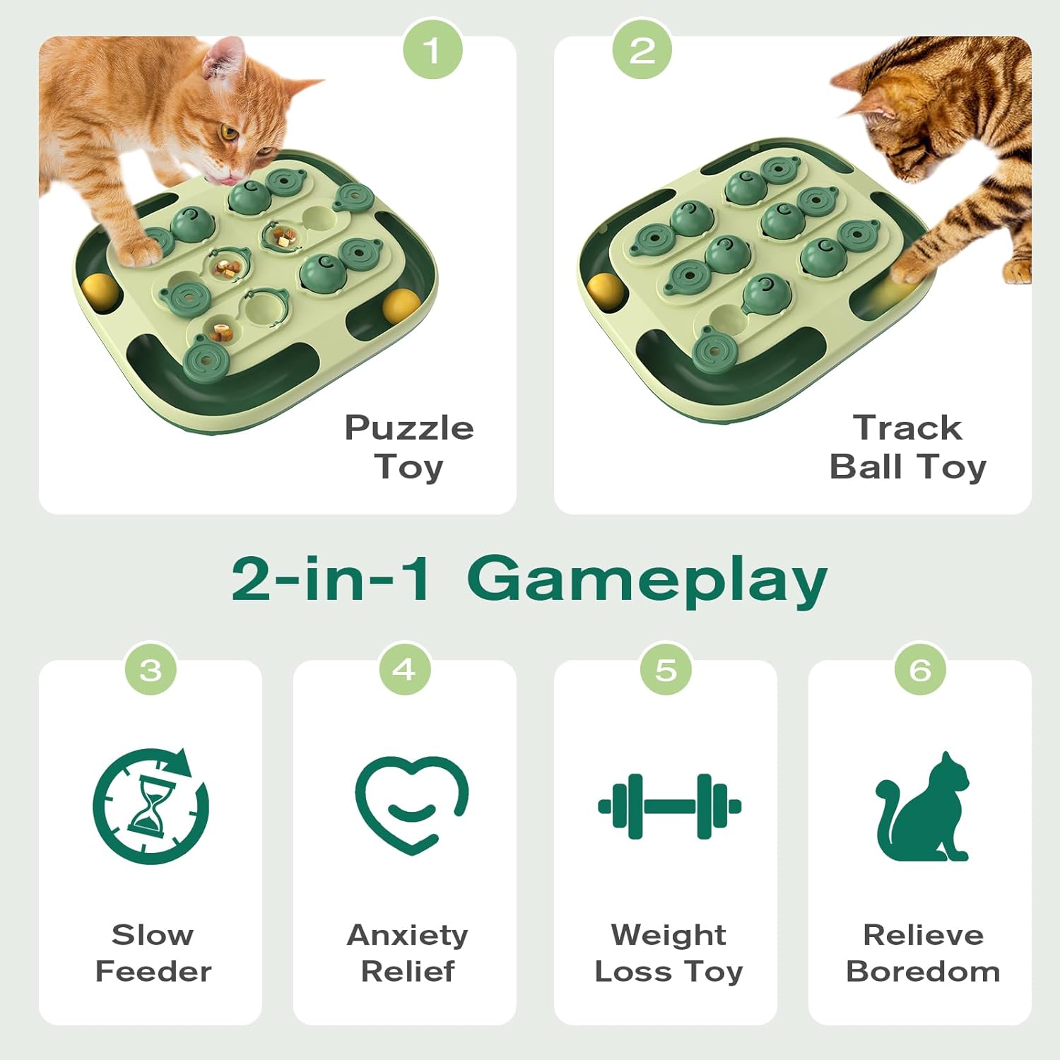2-in-1 Cat Puzzle Feeder - Interactive Intelligence Toy with Rolling Ball Track & Treat Dispenser | Dual-Level Mental Stimulation for Indoor Cats' Boredom Relief (Dark Green)