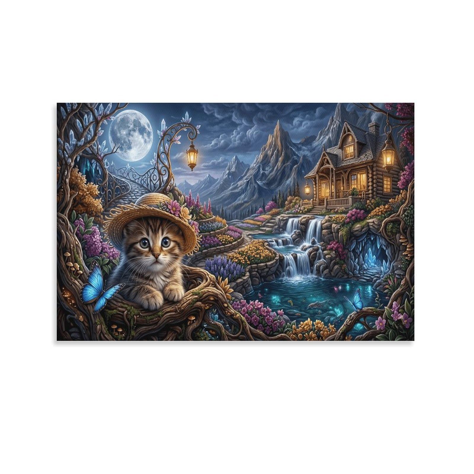 XPASHIQWC Hat‑Wearing Kitten Wall Decor Poster Moonlit Forest Giclee Canvas Prints Modern Wall Art Picture Wall Hanging for Bedroom Living Room Decor 24x36inch(60x90cm)