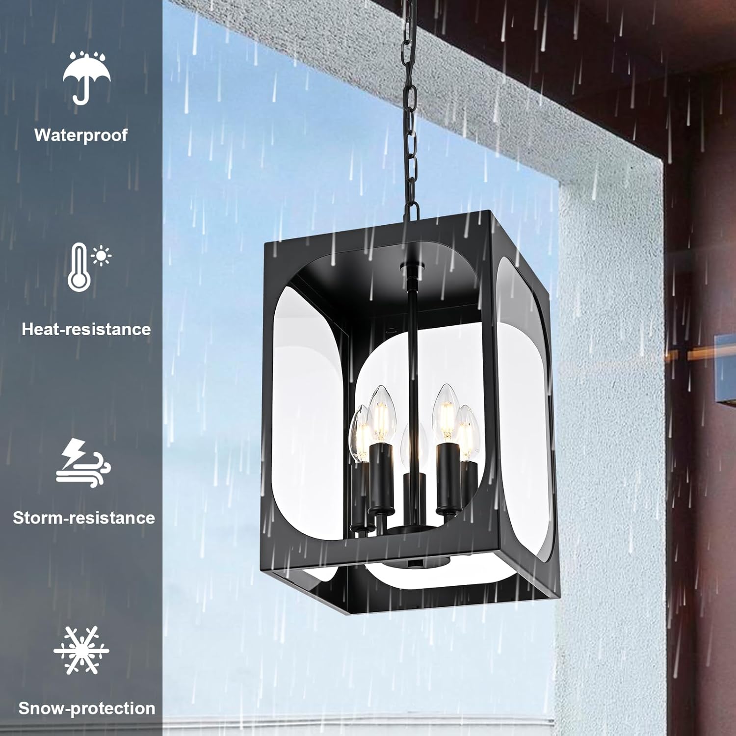 BONLICHT Large Outdoor Chandelier for Porch, 5-Light Modern Outdoor Pendant Light with Clear Glass,Black Exterior Pendant Lighting Fixture Ceiling Mount Pendant Lantern for Patio Doorway Foyer Garden