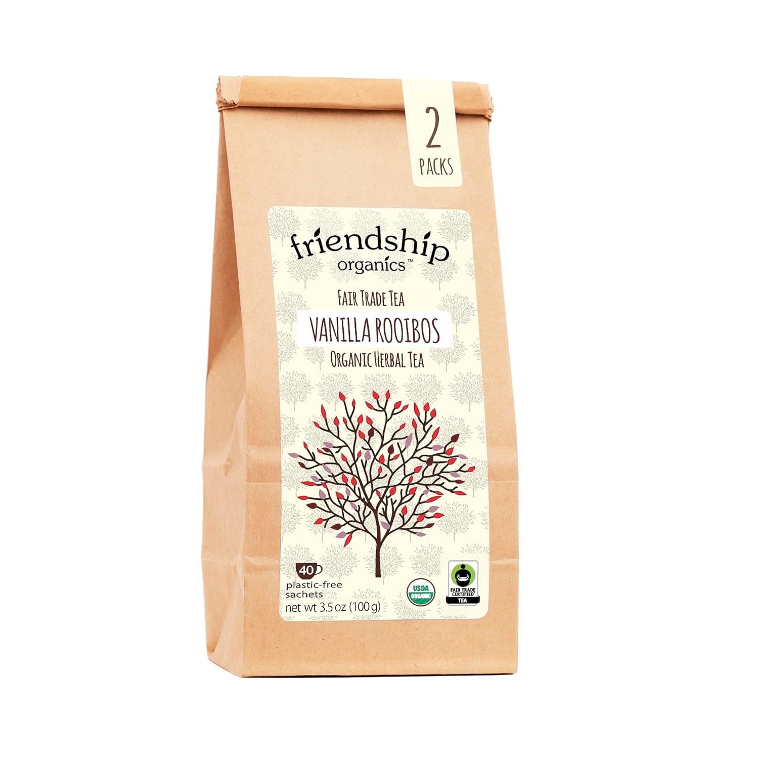 Friendship Organics Vanilla Rooibos Tea Bags, Organic and Fair Trade Herbal 40 Count (Pack of 2)