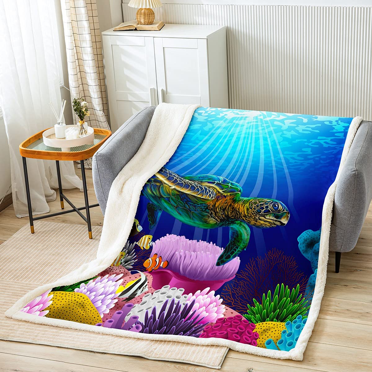 Couverture tortue de mer en polaire Sherpa douce pour lit enfant