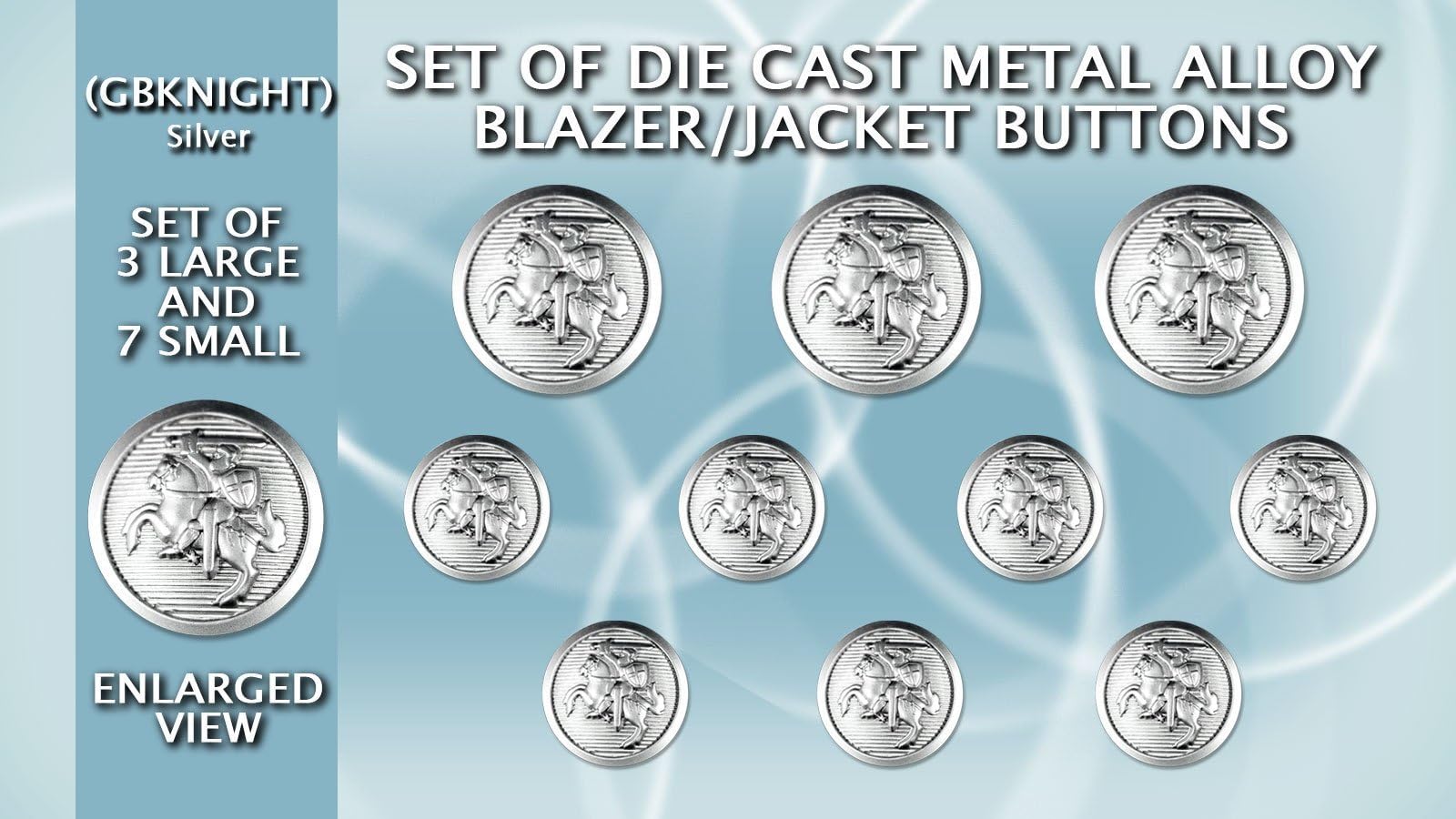 Set of Die Cast Metal Blazer/Jacket Buttons (GBKNIGHT-Silver) Matt Silver (3L/7S) 23mm/15mm