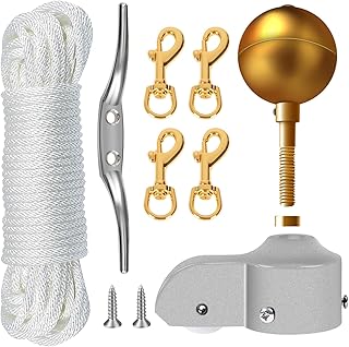 NQ Flag Pole Repair Parts Kit with 50 Feet Nylon Flag Pole Rope, 4 Pcs Flag Pole Swivel Snap Clips, Flag Pole Truck with Pulley, Flag Pole Top Ball, Zinc Alloy Cleat, Flagpole Accessories Tool Kits