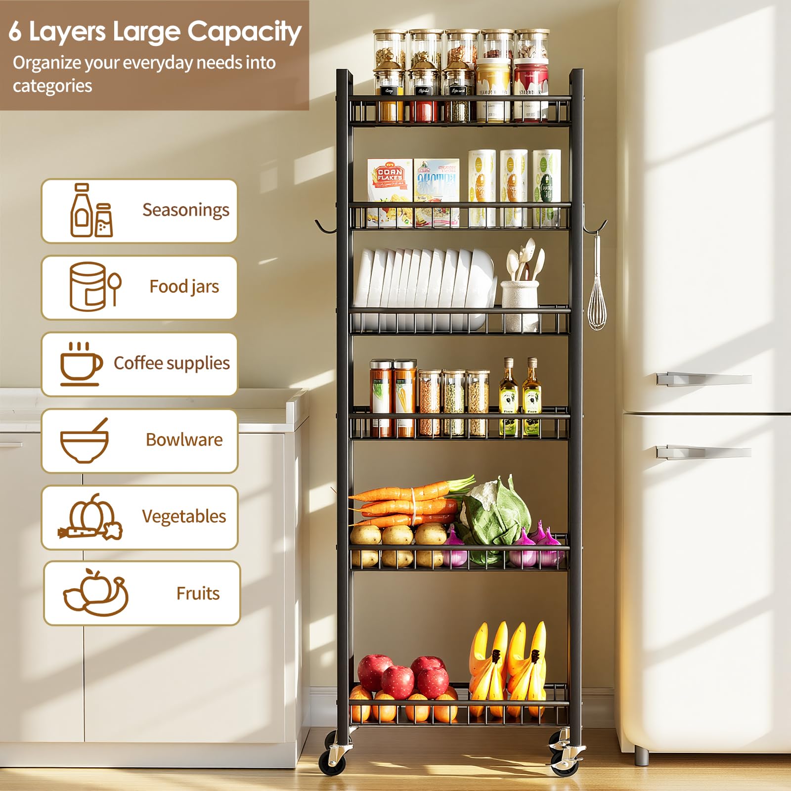 Carrello Portaoggetti Sottile, Carrello a 6 Ripiani con Ruote, Scaffalatura Sottile Mobile Multiuso per Cucina, Bagno, Lavanderia, Soggiorno, Spazi Ristretti, 9,84 pollici (L)