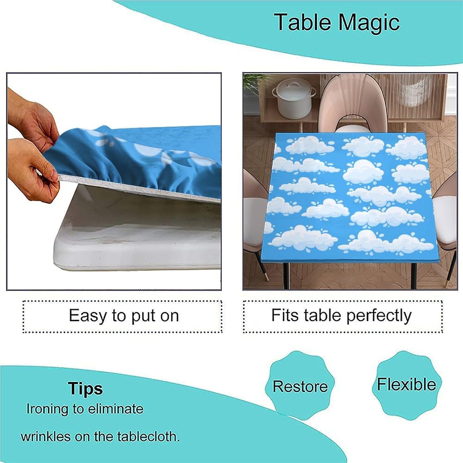 Square Fitted Polyester Tablecloth, Cartoon Clouds Elastic Edge Decorative Table Cloth, Stain Resistant Washable Tablecloths for Family Holiday Party Use, Fit for 52" x 52" Square Table
