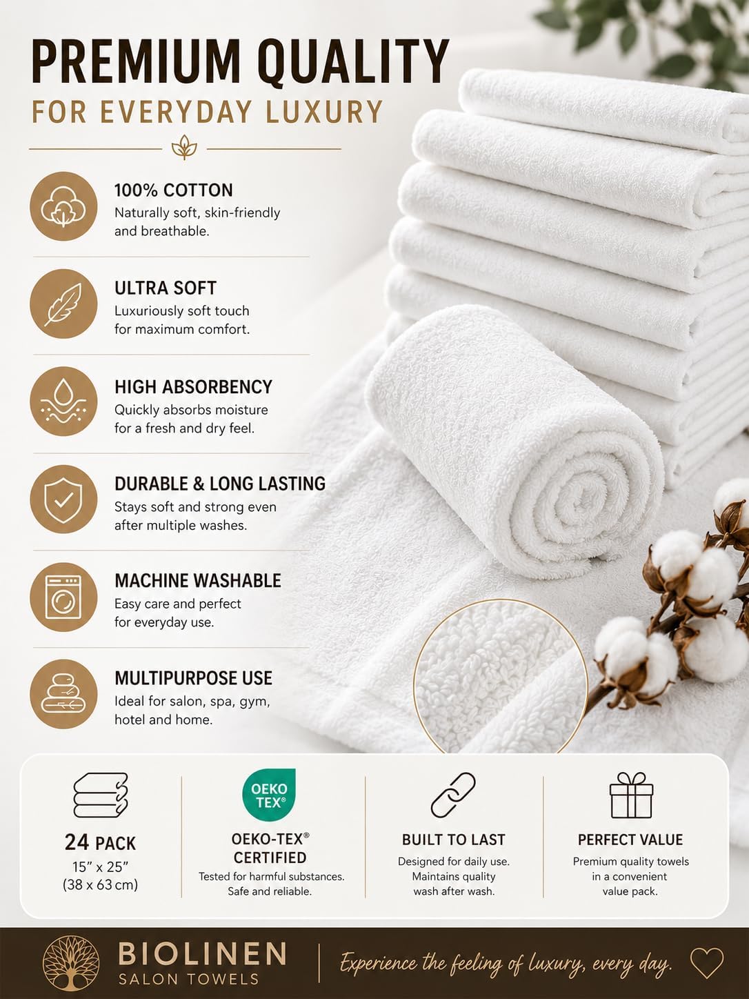 BIOLINEN Salon Towels 24 Pack White 15x25, 100% Cotton Hand Towels for Bathroom, Bleach Resistant Barber Esthetician Spa Gym Towels, Super Absorbent