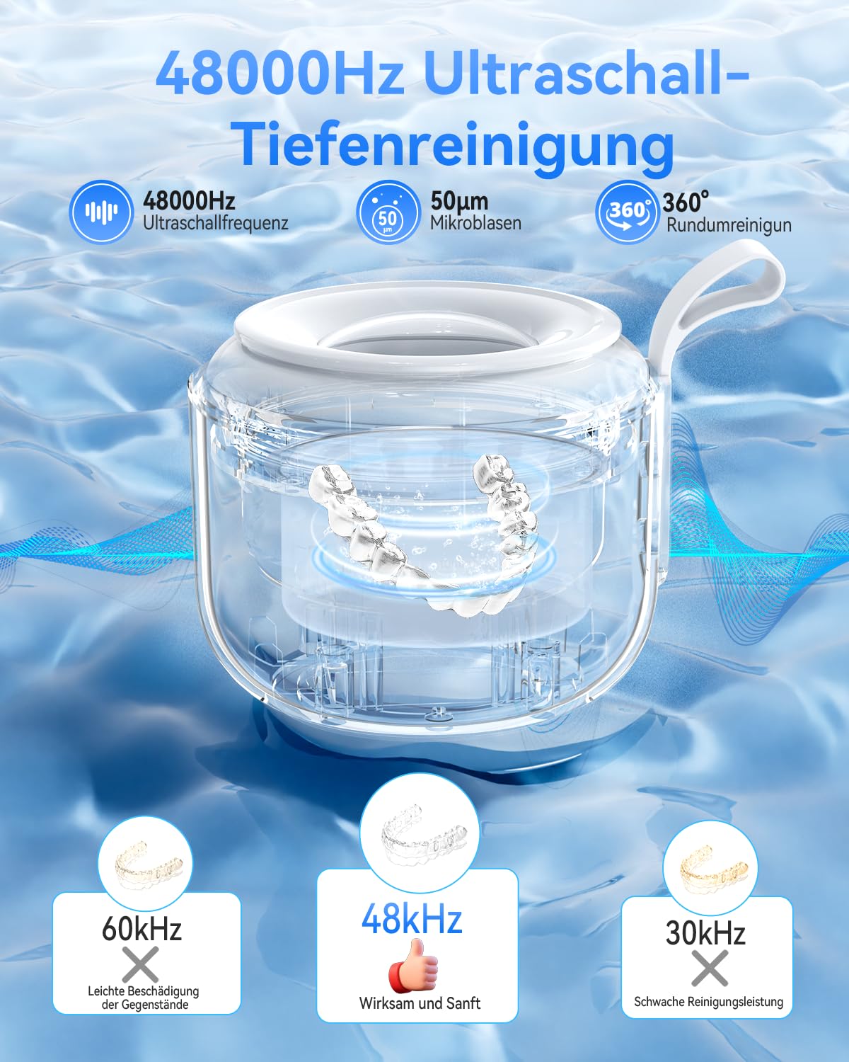 JeaTone Ultraschallreinigungsgerät Zahnschiene Kabellos - 48kHz Dental Pod mit UV-Licht & 2000mAh Akku - IPX5 Wasserdichtes Ultraschallreiniger für Retainer, Aligner, Zahnersatz & Schmuck - 200ml