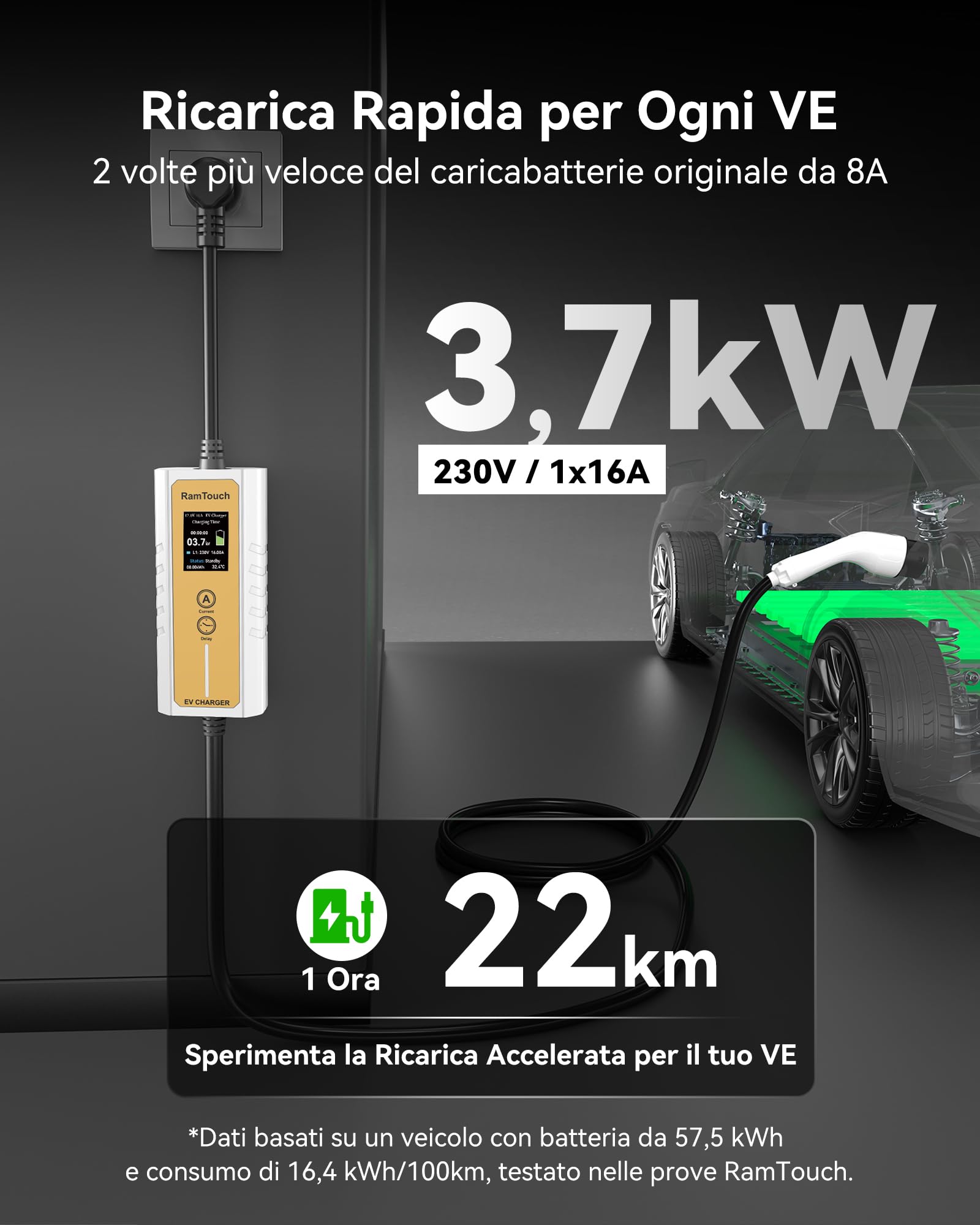 Caricabatteria da Auto Elettrico (3,7 KW, 6,5 m, Tipo 2, Schuko) - Cavo di Ricarica con amperaggio Regolabile 6A-16A, Ricarica ritardata e Programmata, terminale di Ricarica Mobile per EV e