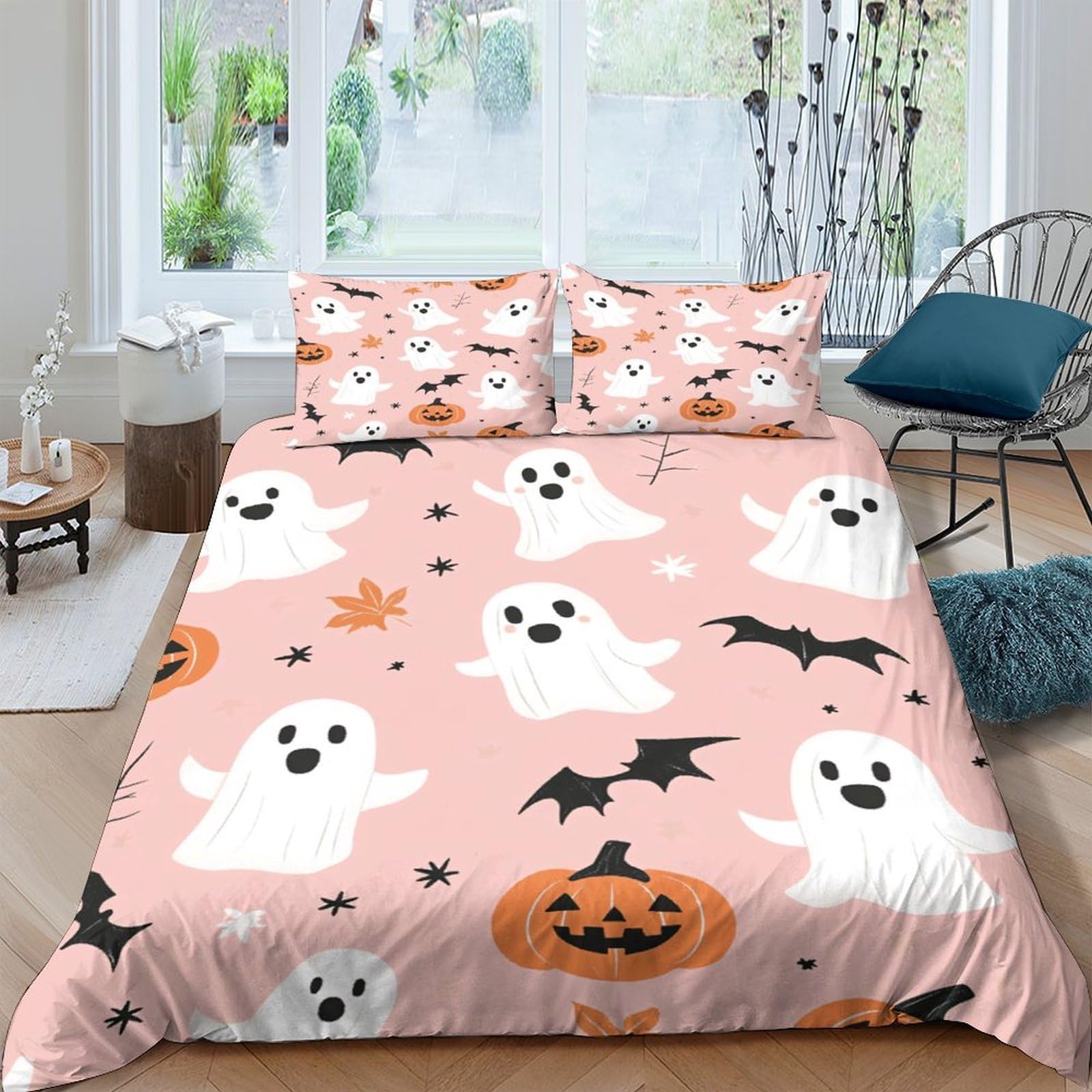 GPLZQXKJNH 3D Printed Halloween Ghost Pumpkin Duvet Cover Set Microfiber Soft Breathable Bat Bedding Set with 2 Pillowcases for Bedroom Decor Single（135x200cm）