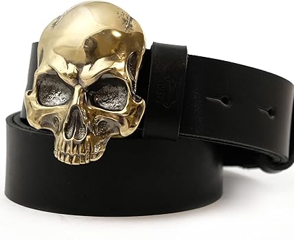 Amazon.com: KLAMRA Leather belt with solid brass buckle SKULL