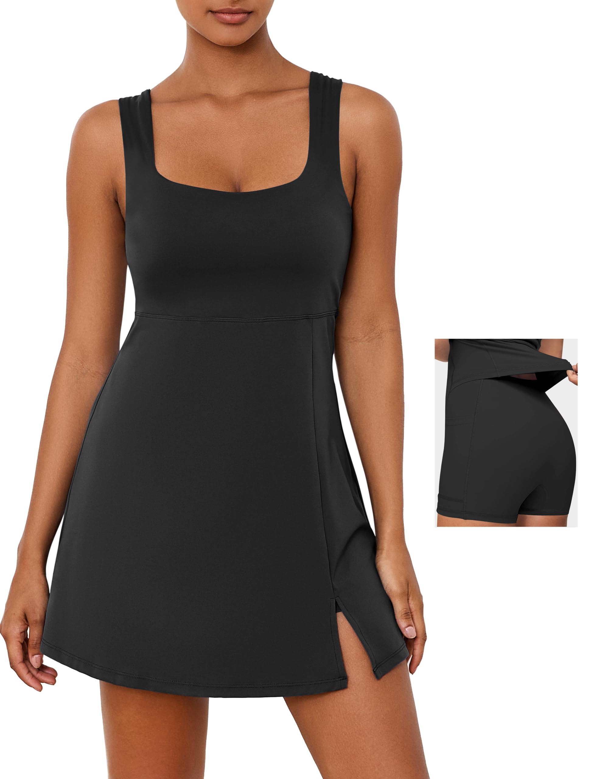 Vestito da tennis da donna, 2 in 1, da golf, con tasche integrate per reggiseno e pantaloncini, abito sportivo con cinturino regolabile, E-nero-facile Peezy, Large